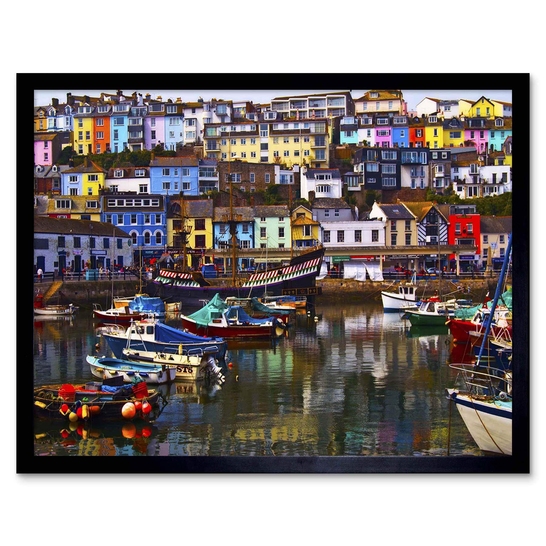 Wee Blue Coo Photography Cityscape Brixham Devon England Harbour Boats Art Print Framed Poster Wall Decor 12X16 Inch