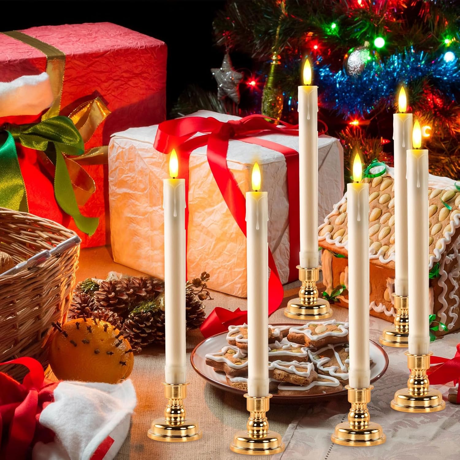 JOSU LED Flameless Taper Candles with Remote Timer, 6 Pcs Ivory Fake Candlesticks Battery Operated 3D Flickering, Realistic Electric Candles Warmer Lamp Light for Wedding Party Home Decor, 0.78"x8.86"