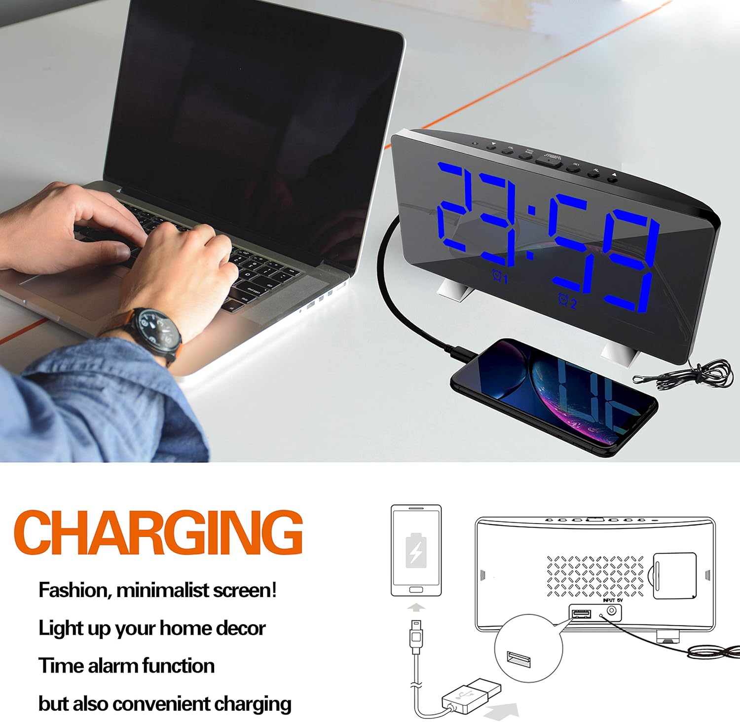 Alarm clock charging a smartphone via USB port