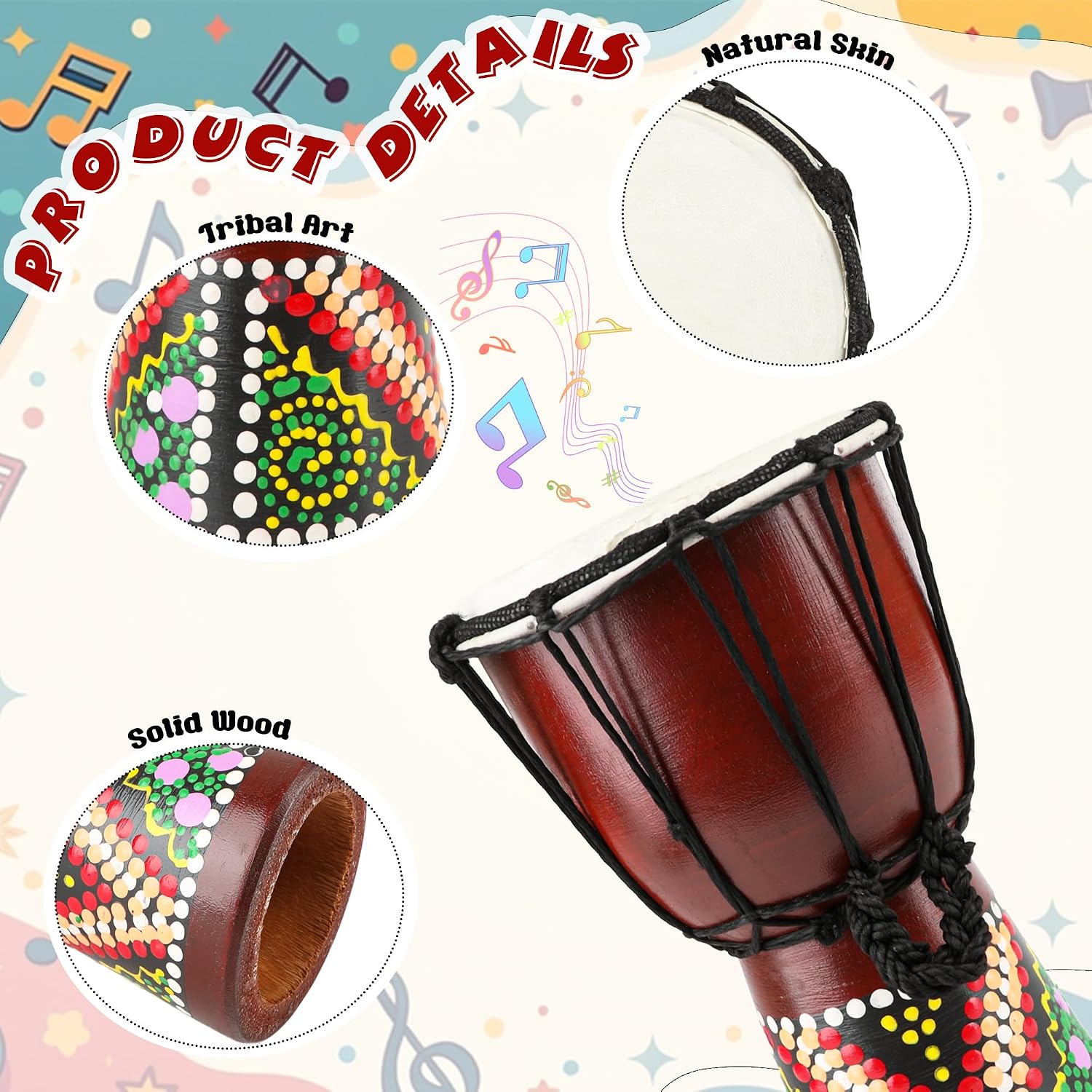 2 Pcs Djembe Drum Mini African Hand Drum Abstract Painted Carved Mahogany Bongo with Leather Drumhead Gift Idea Musical Instruments for Beginners, 4 Inch