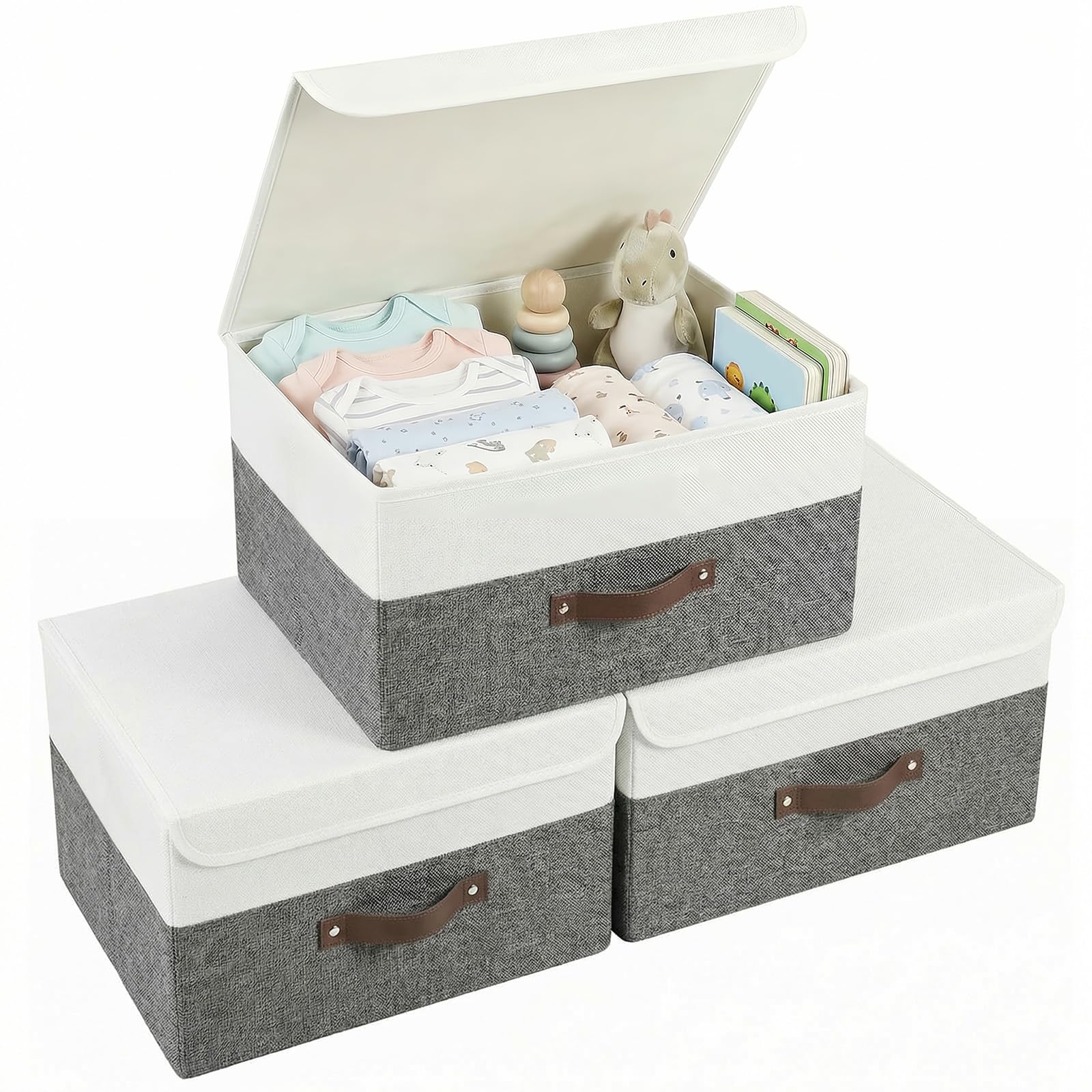zxevg 3 Pack Stackable Fabric Storage Boxes – Linen Blend, Collapsible Large Storage Box with Lids & Handles, Foldable Wardrobe Organiser for Closet, Bedroom, Office (White)