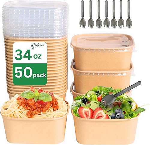 Miniatura 7 de Cuencos desechables de 25 onzas, 50 juegos de cuencos grandes de papel cuadrado de estraza, contenedor de alimentos desechable para preparación