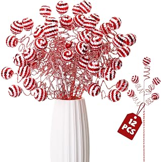 Cinnvoice 12 Pcs 16" Christmas Sequins Ball Picks Candy Cane,Red and White