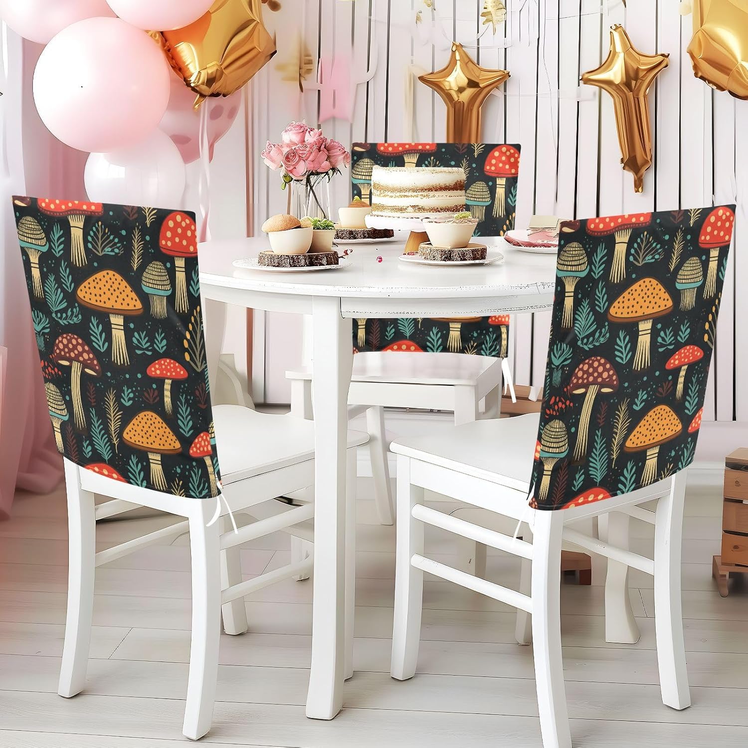 ALAZA Mushrooms in Colorful Colors Chair Back Cover Set of 6, Washable Reusable Removable Chair Slipcovers Decorative Chair Cover for Home Kitchen Wedding Party