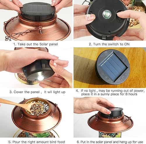 Miniatura 5 de Comedero solar para pájaros para colgar al aire libre, comedero de colibríes, metal solar impermeable para exteriores, comederos cardenales, luz