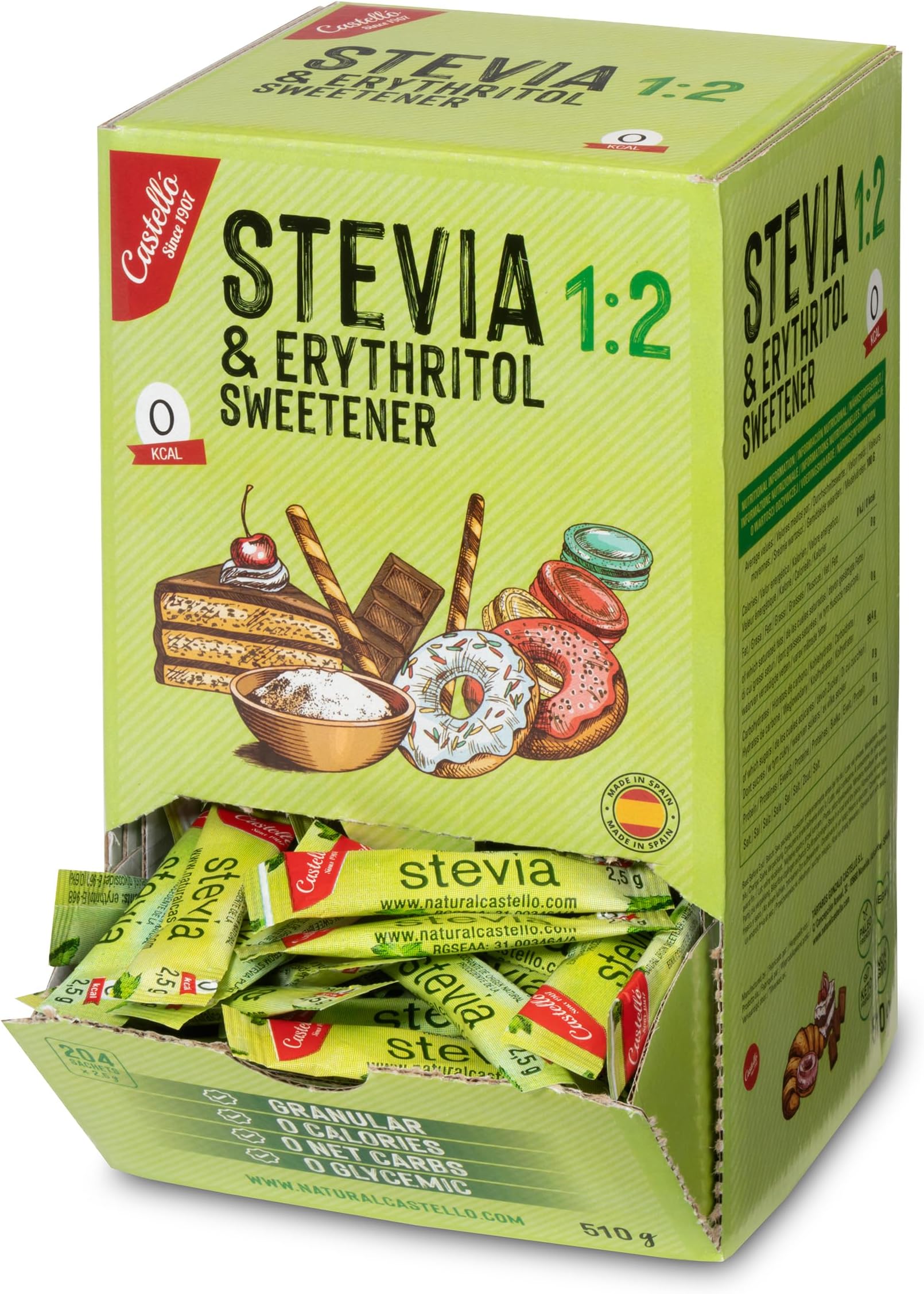Castello since 1907 - Stevia + Erythritol 1:2 Sweetener | 204 sachets of 2.5g | 100% Natural taste Sugar Substitute - 0 Calories - 0 Glycemic Index - Keto and Paleo - 0 Net Carbohydrates - 510 g