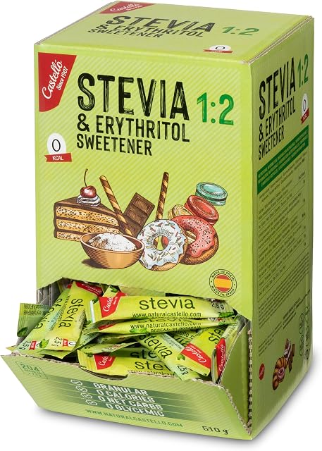 Słodzik Stewia + Erytrytol 1:2 | 204 saszetki po 2,5g | Zamiennik cukru 100% naturalny - 0 Kalorii - 0 Indeks Glikemiczny - Keto i Paleo - 0 Węglowodanów Netto - Bez GMO - Castello since 1907 - 510g