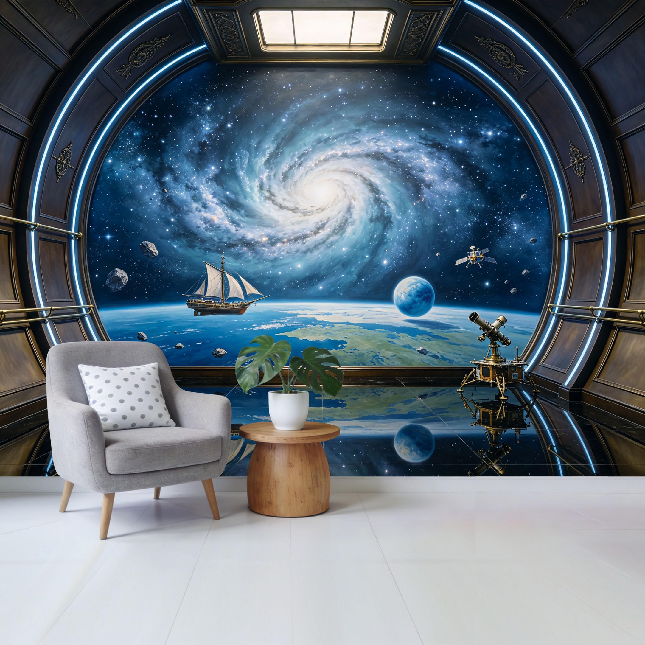 Custom Size Wall Mural， 3D Space Galaxy Portal Starry Sky Planet Sailboat Removable Self Adhesive Fabric，Home Wall Decor for Living Room Bedroom Bathroom