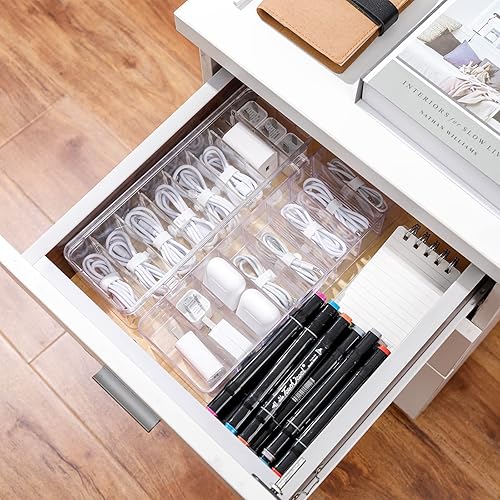 Miniatura 6 de Yesesion Caja de organización de cables de plástico con tapa y 20 bridas para cables, 2 organizadores de almacenamiento de cables transparentes