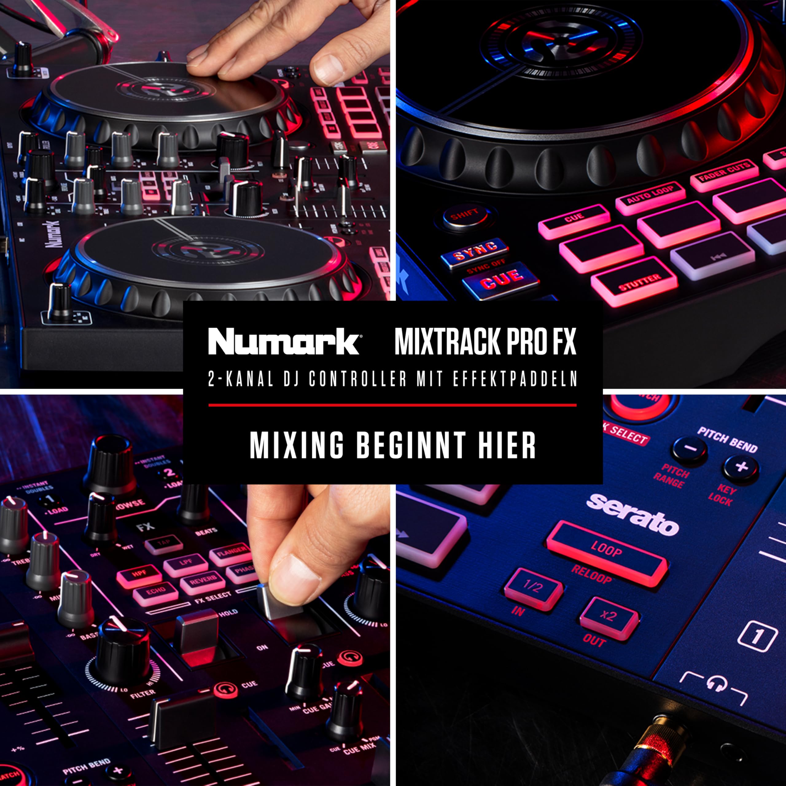 Numark Mixtrack Pro FX DJ Controller Pult mit 2-Deck Kontrolle, Integriertem Audio Interface, Jogwheel-Displays und Effektpaddeln, Serato DJ Enthalten