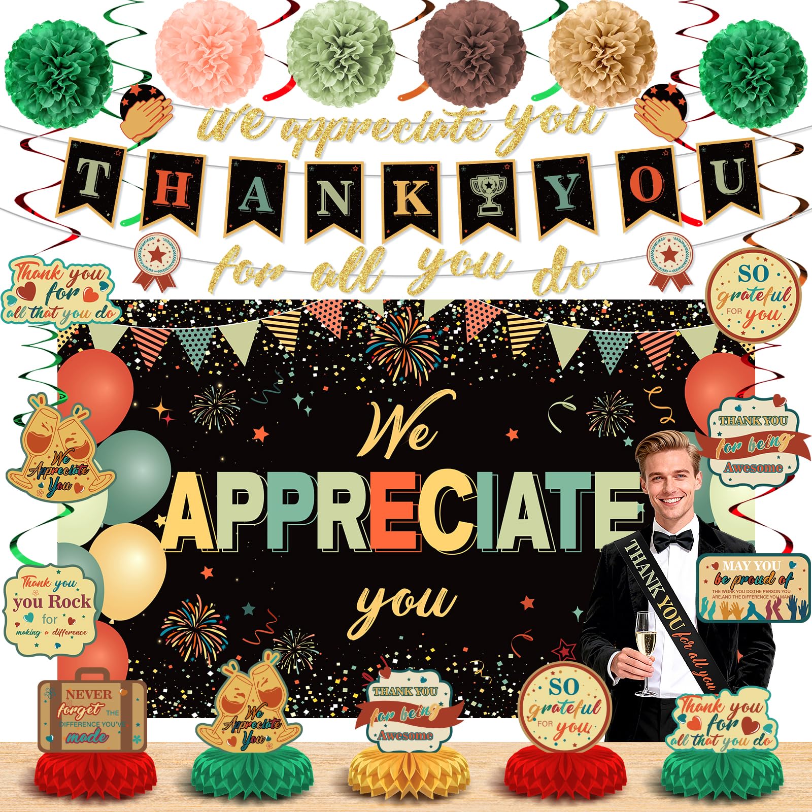 We Appreciate You Party Decorations Colorful Vintage Thank You for All You Do Banner Honeycomb Centerpieces Hanging Swirls for Office Employee Pastor Teacher Doctor Nurse Appreciation Party Gift Decor