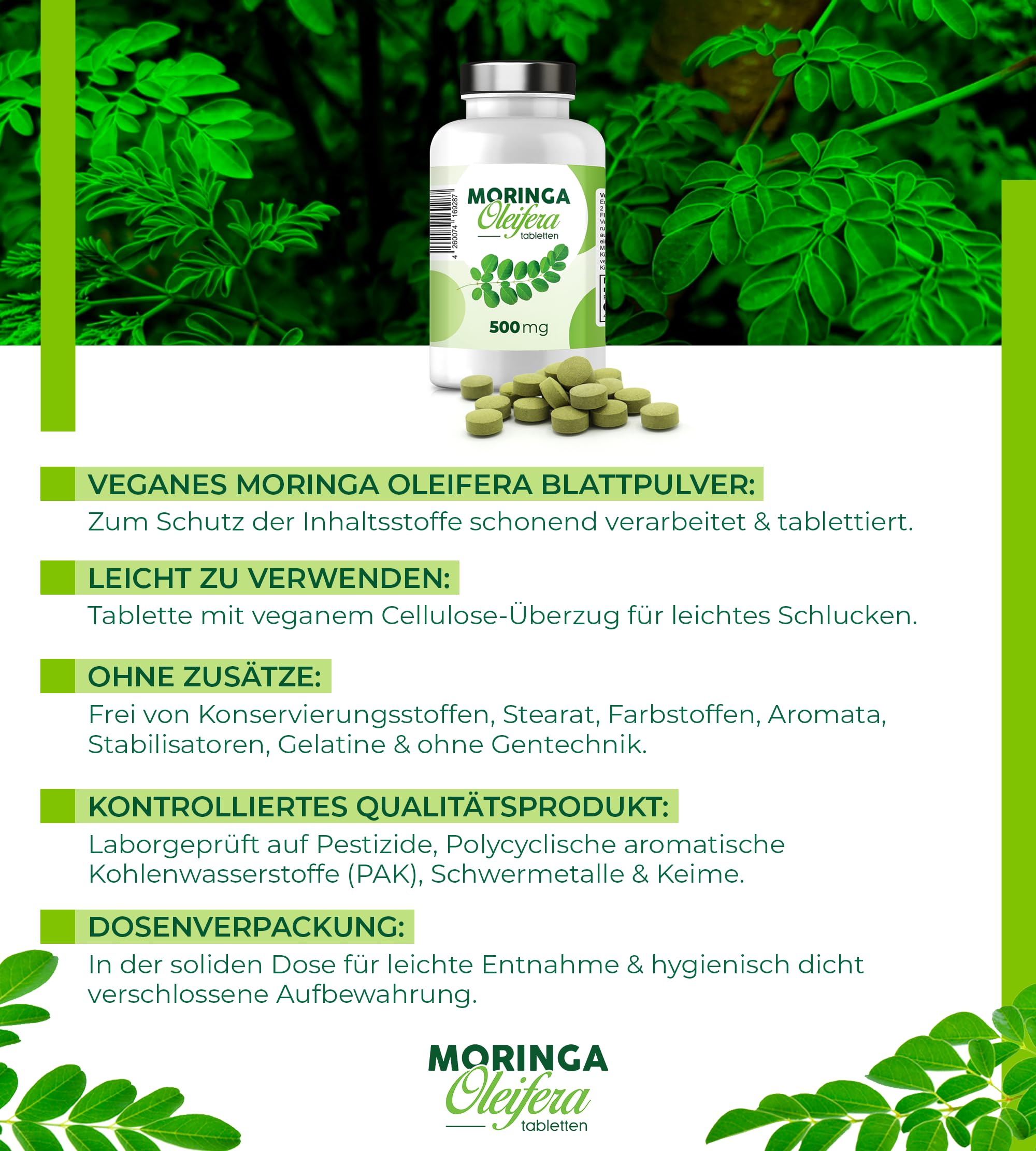 Moringa Oleifera 1000 x 500mg Tabletten - 500 g Moringa Blattpulver als kleine Moringa Presslinge - leicht schluckbar, schonend verarbeitet & tablettiert - vegan, laborgeprüft, hochdosiert