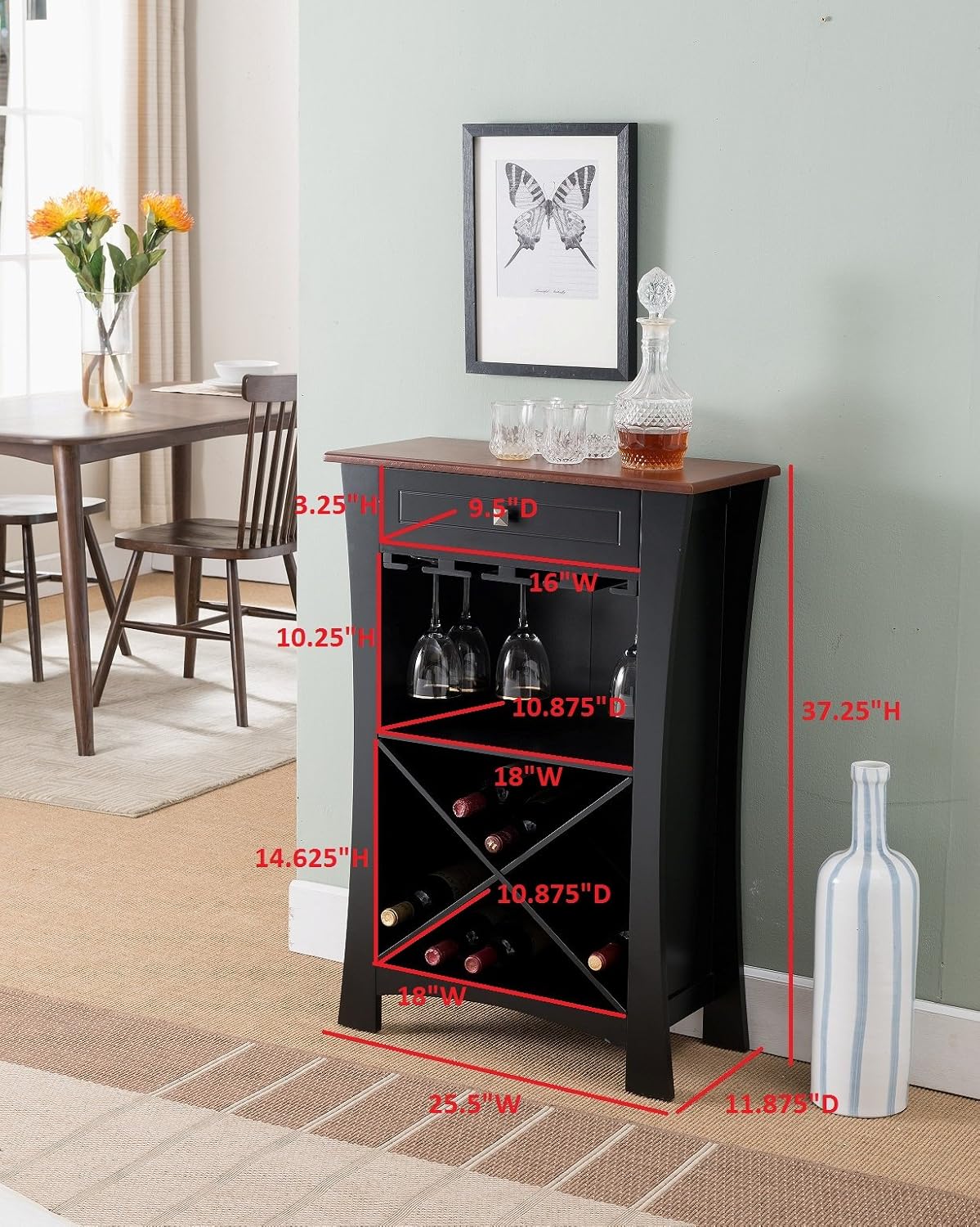 Kings Brand Hiland Bar Cabinet Wine Storage With Glass Holders & Drawer, Black, Black