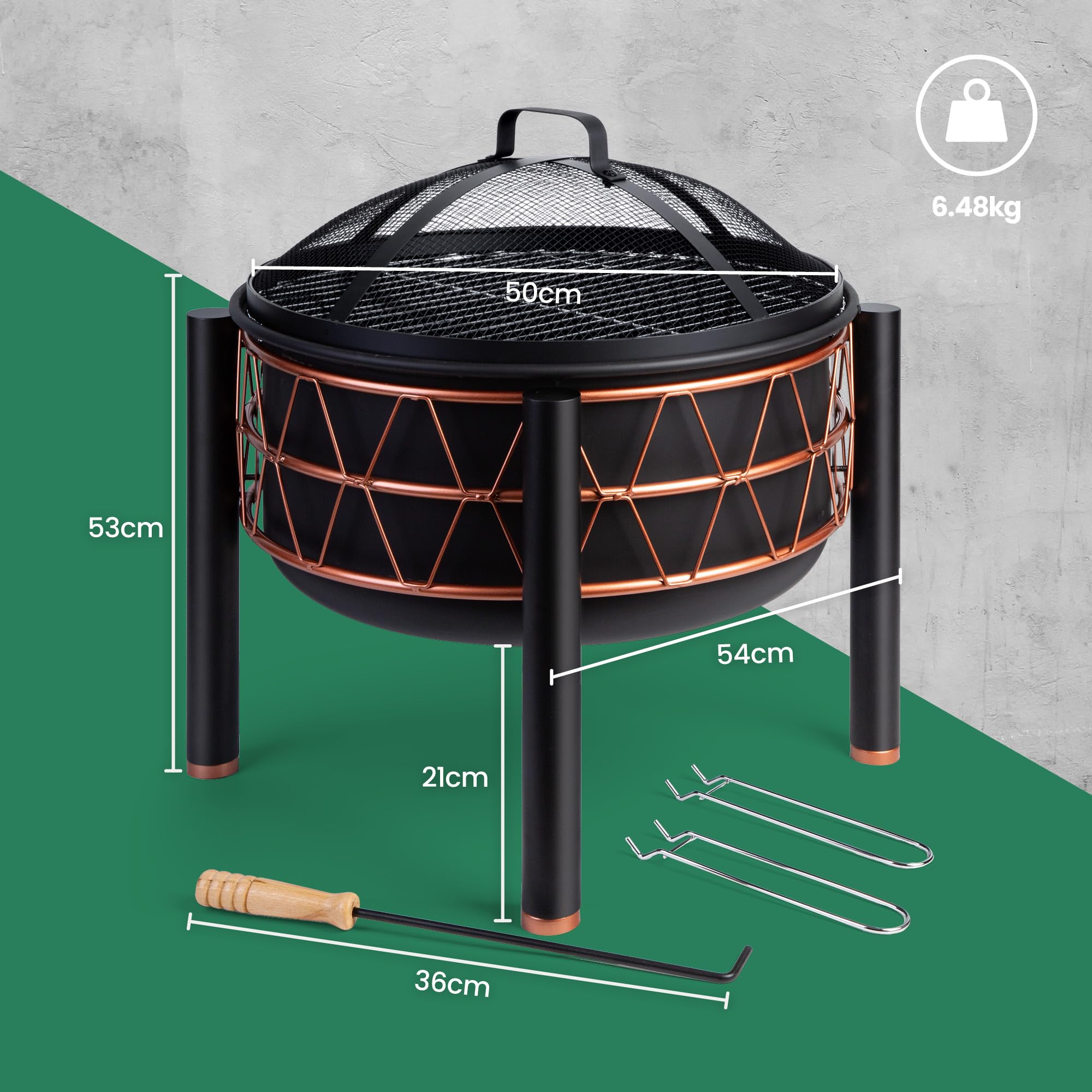 VonHaus Braciere – 2-in-1 con Griglia BBQ per esterni, giardino e patio, in acciaio nero con dettaglio rame, con attizzatoio e coperchio in rete inclusi, legna o carbone