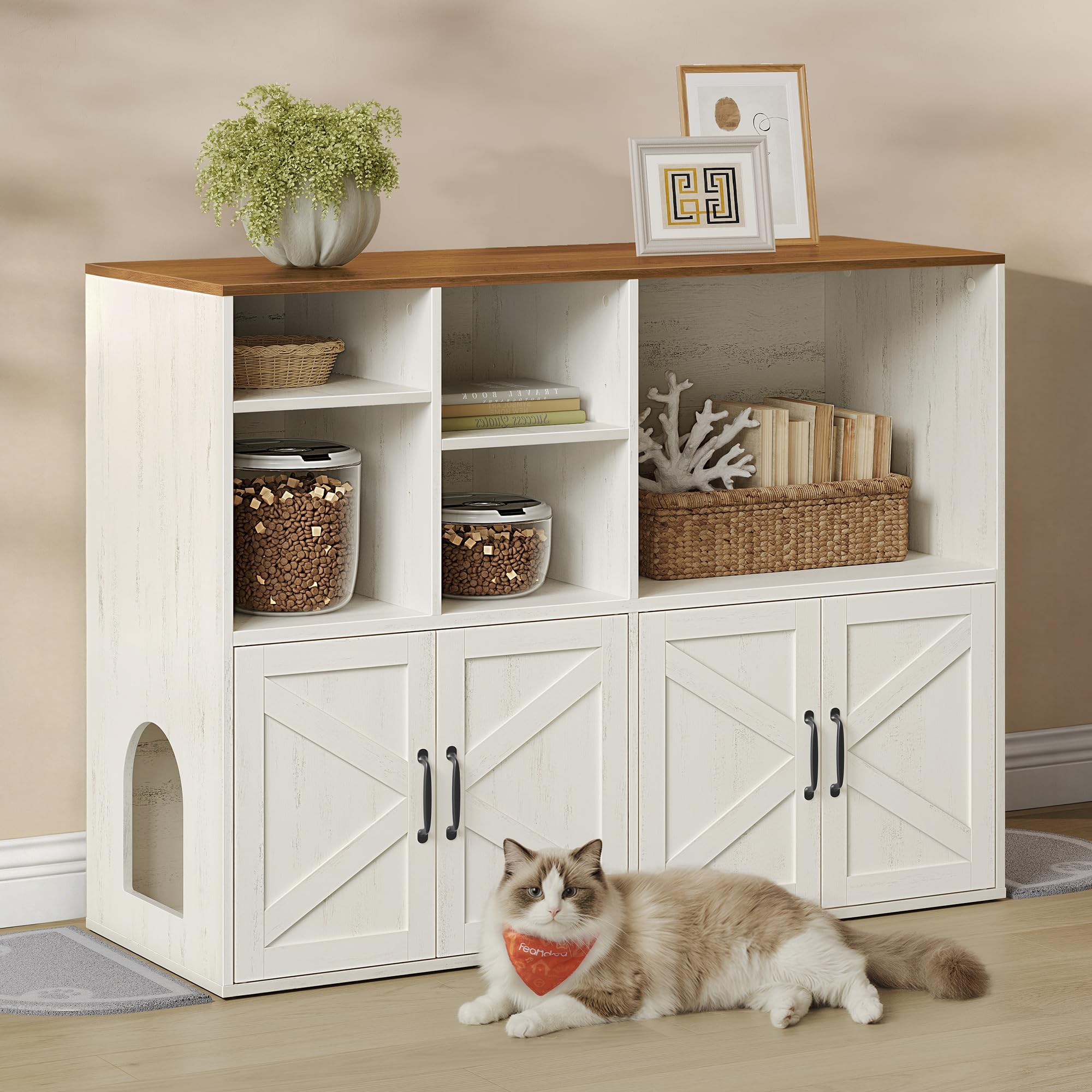 Feandrea Litter Box Enclosure for 2 Cats, Hidden Litter Box Furniture with Storage Cabinet, Double Room, Farmhouse Indoor Cat House Washroom, Honey Brown and Rustic White UPCL032WJ03