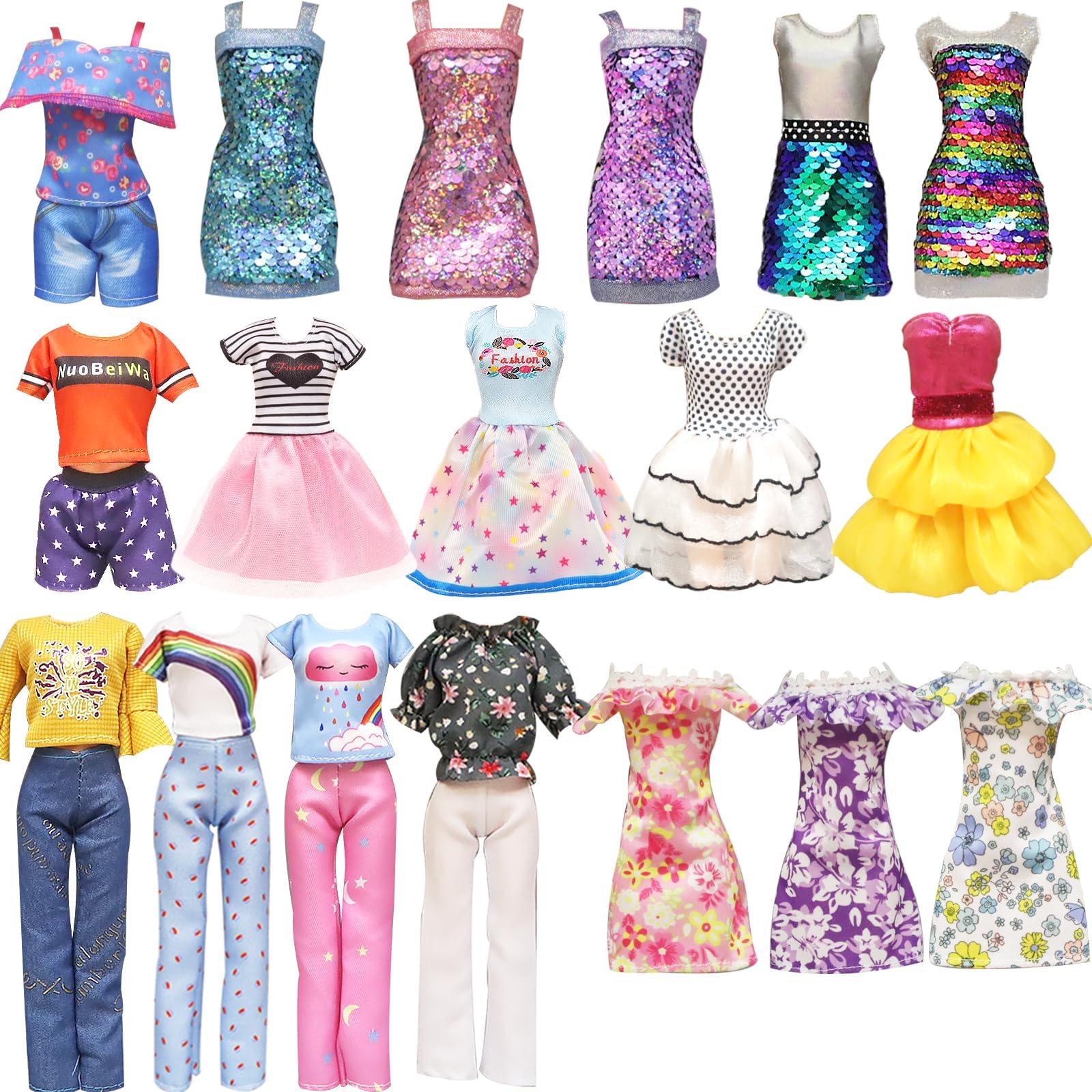 20 Pcs Doll Clothes and Accessories Handmade 3 Sequins Dresses 4 Fashion Dresses 3 Tops and Pants Casual Outfits 10 Shoes for 11.5 inch Girl Dolls in Random