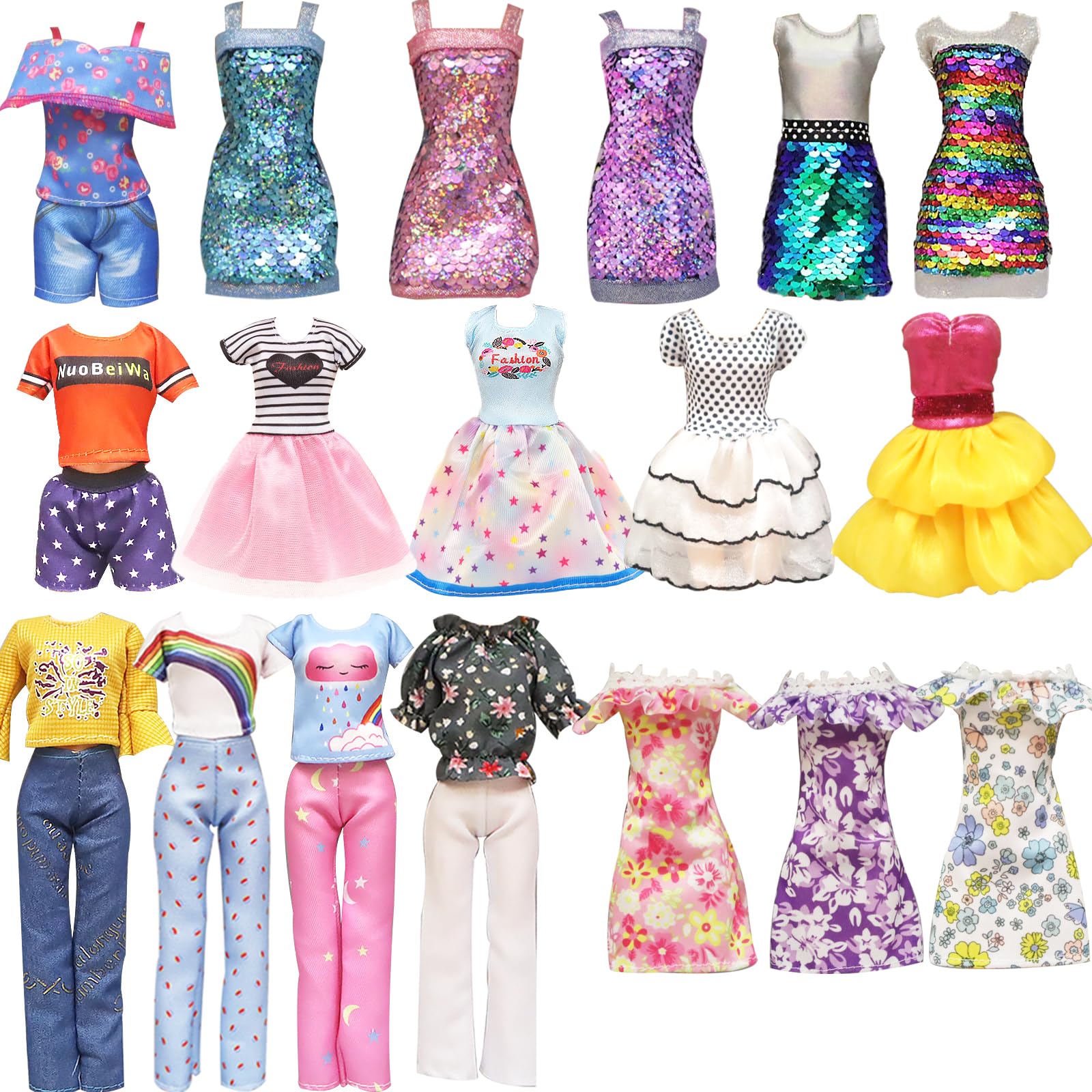 20 Pcs Doll Clothes and Accessories Handmade 3 Sequins Dresses 4 Fashion Dresses 3 Tops and Pants Casual Outfits 10 Shoes for 11.5 inch Girl Dolls in Random