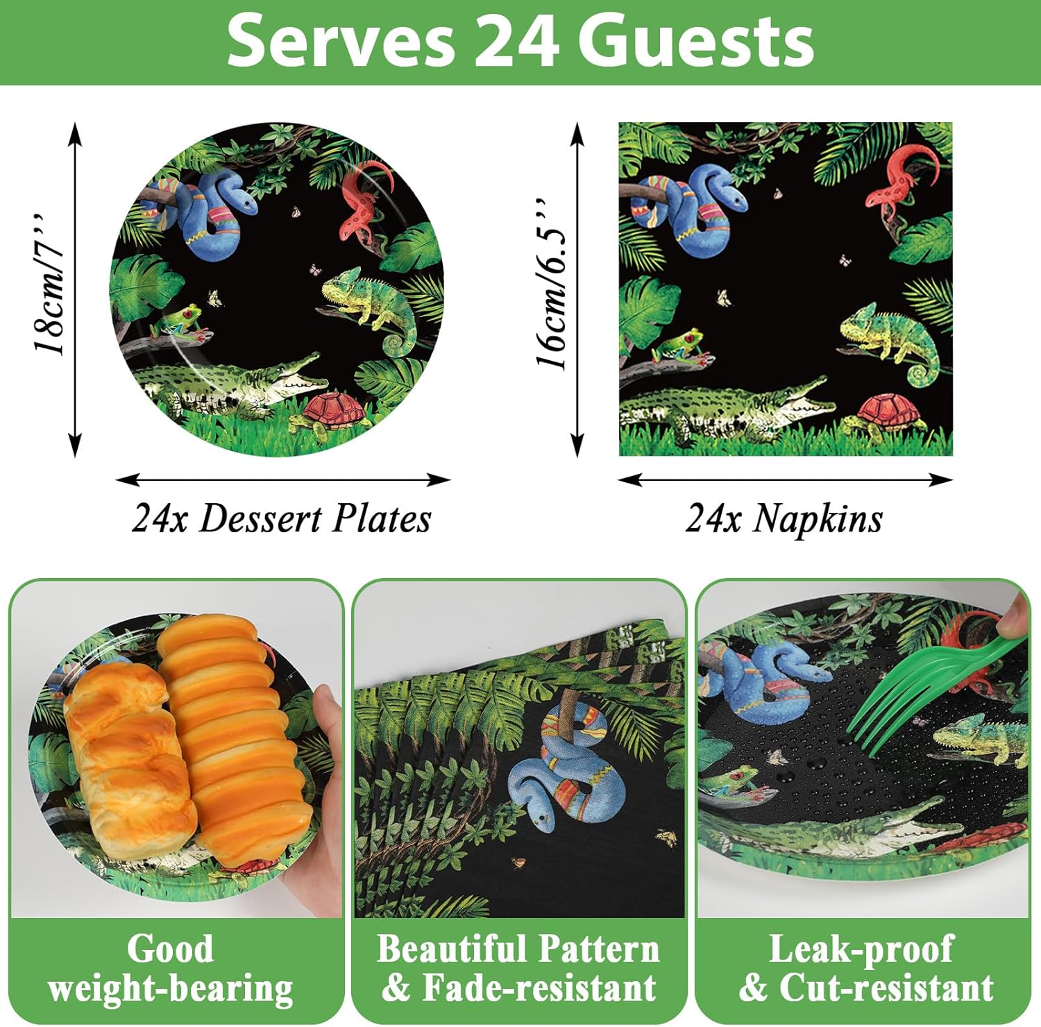 Reptile Snake Birthday Party Supplies Serves 24 Lizard Party Paper Plates Napkins Jungle Swamp Snake Tablecloth Tableware Kit for Baby Shower Decorations Kids Boys Girls - Image 2