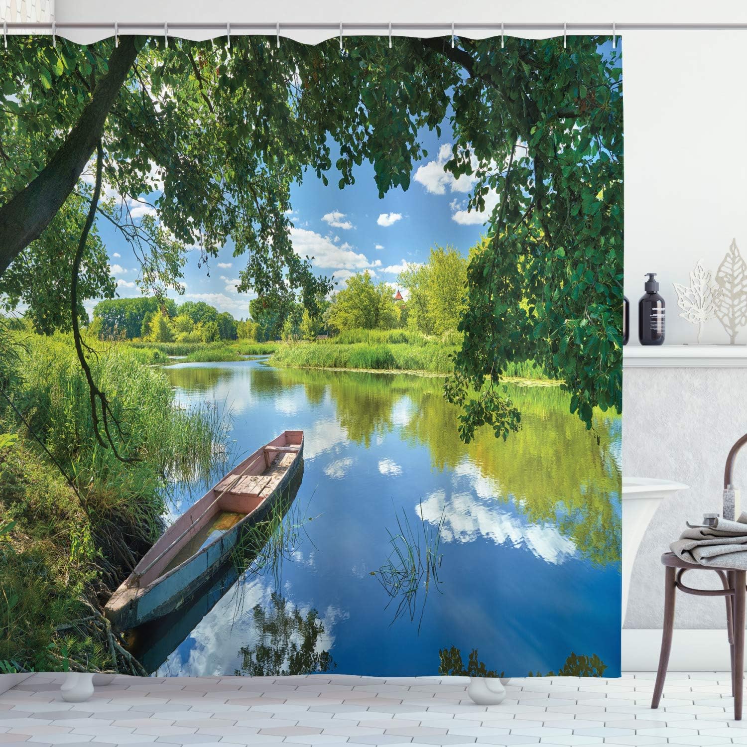 Ambesonne Landscape Shower Curtain, Summer Landscape of Narew River of Poland with a Boat Under Fresh Tree, Cloth Fabric Bathroom Decor Set with Hooks, 69" W x 70" L, White Green