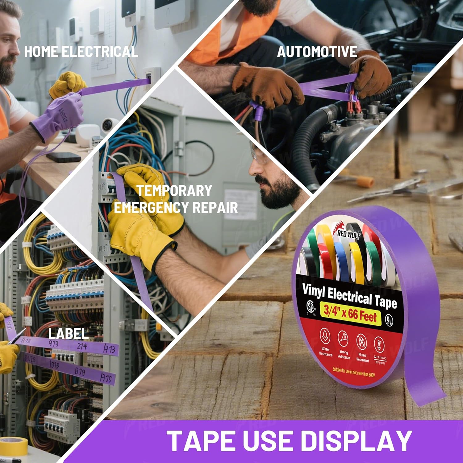 RED WOLF 10 Pack Purple Electrical Tape 3/4 Inch x 66 Ft Industrial Grade UL/CSA Listed 7 Mil Thick Flame Retardant High Temp Waterproof Electrical PVC Tape Electric Super Vinyl Rated 600V