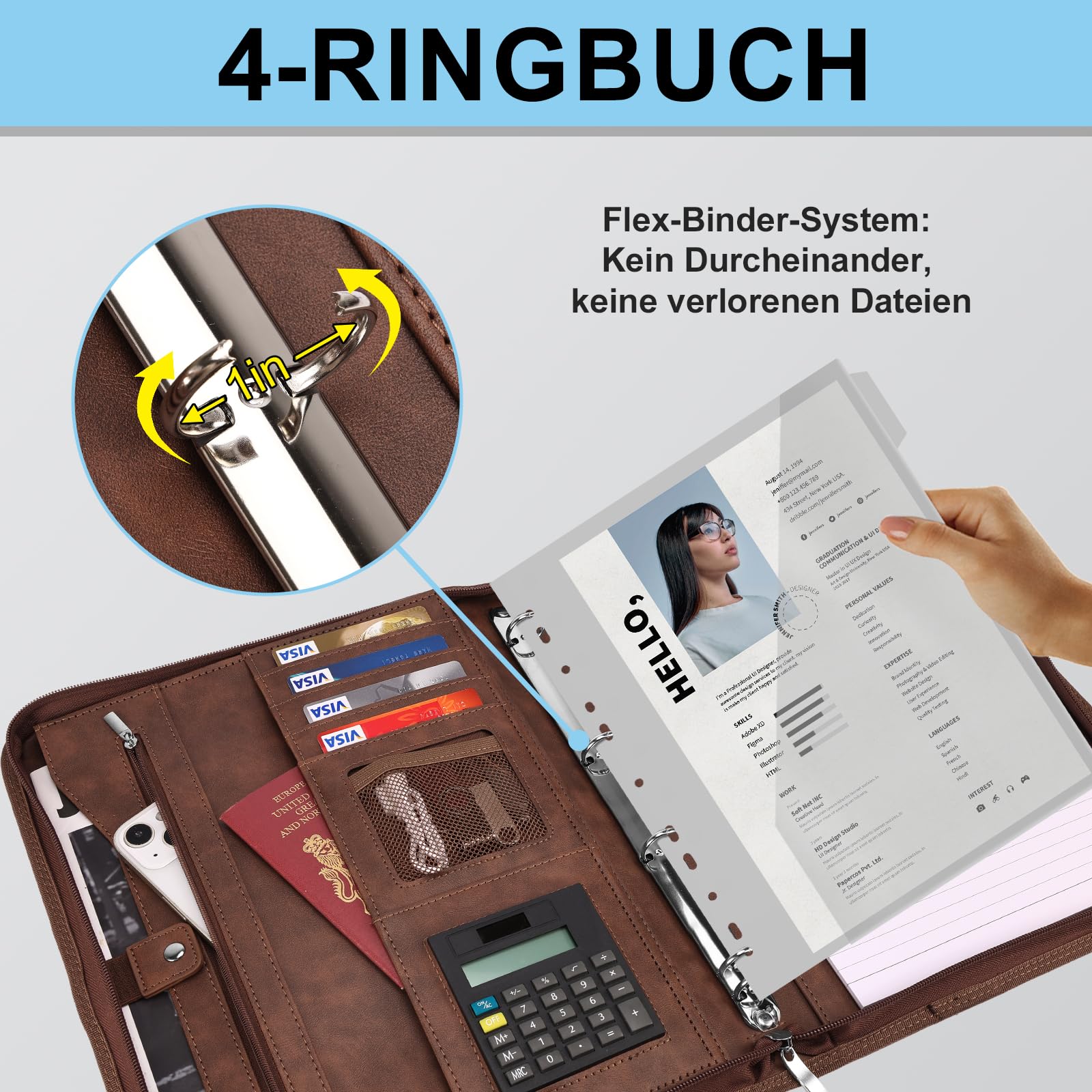 Leathario Schreibmappe A4 mit 5er Register DIN A4，Konferenzmappe mit 4 Ringbuch，Dokumentenmappe mit Reißverschluss, Klemmbrett,Blumenmuster,Ordner für Meeting, Business,Mappe für Schule, Uni