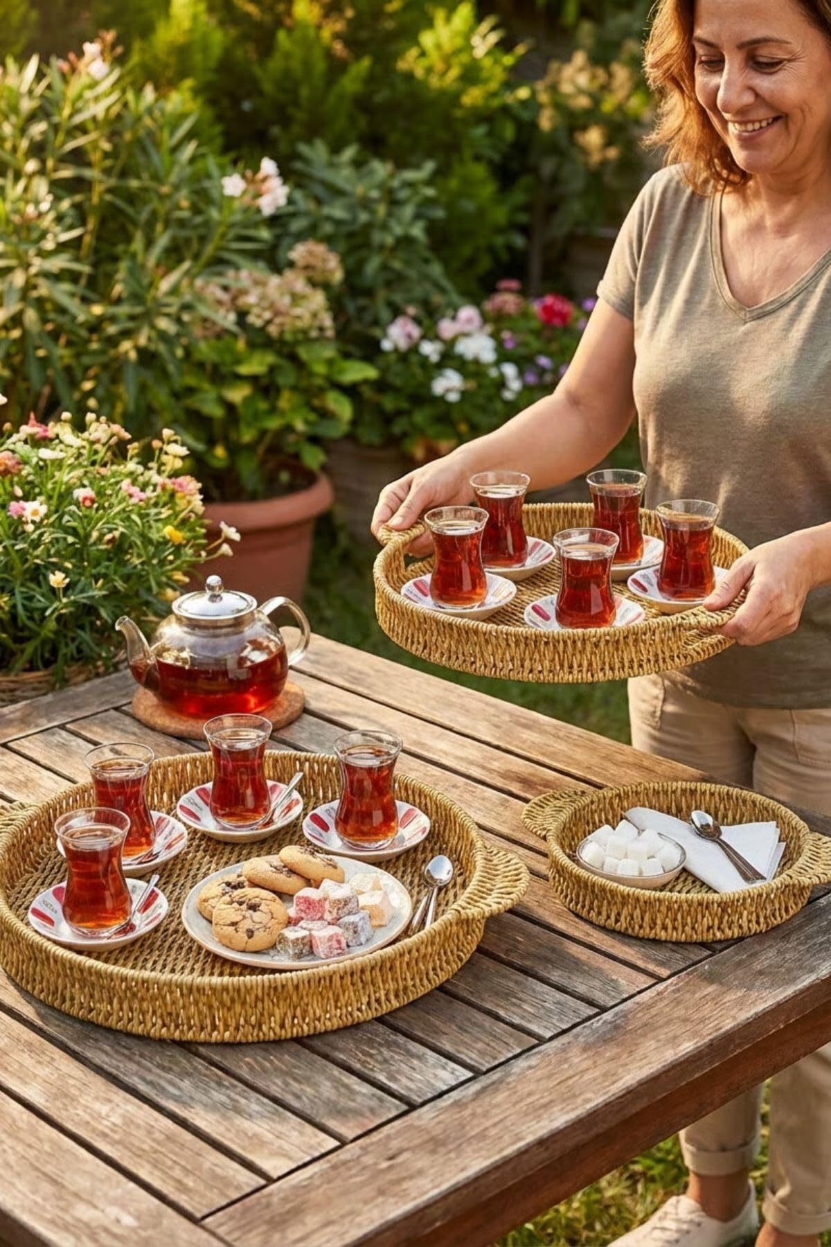 BUFFER İç İçe Geçebilen 3'lü Yuvarlak Hasır Görünümlü Plastik Rattan Servis Tepsi Seti, Çok Amaçlı Sunum Tepsileri, 30x25x4 cm, 35x30x4 cm, 40x35x4 cm