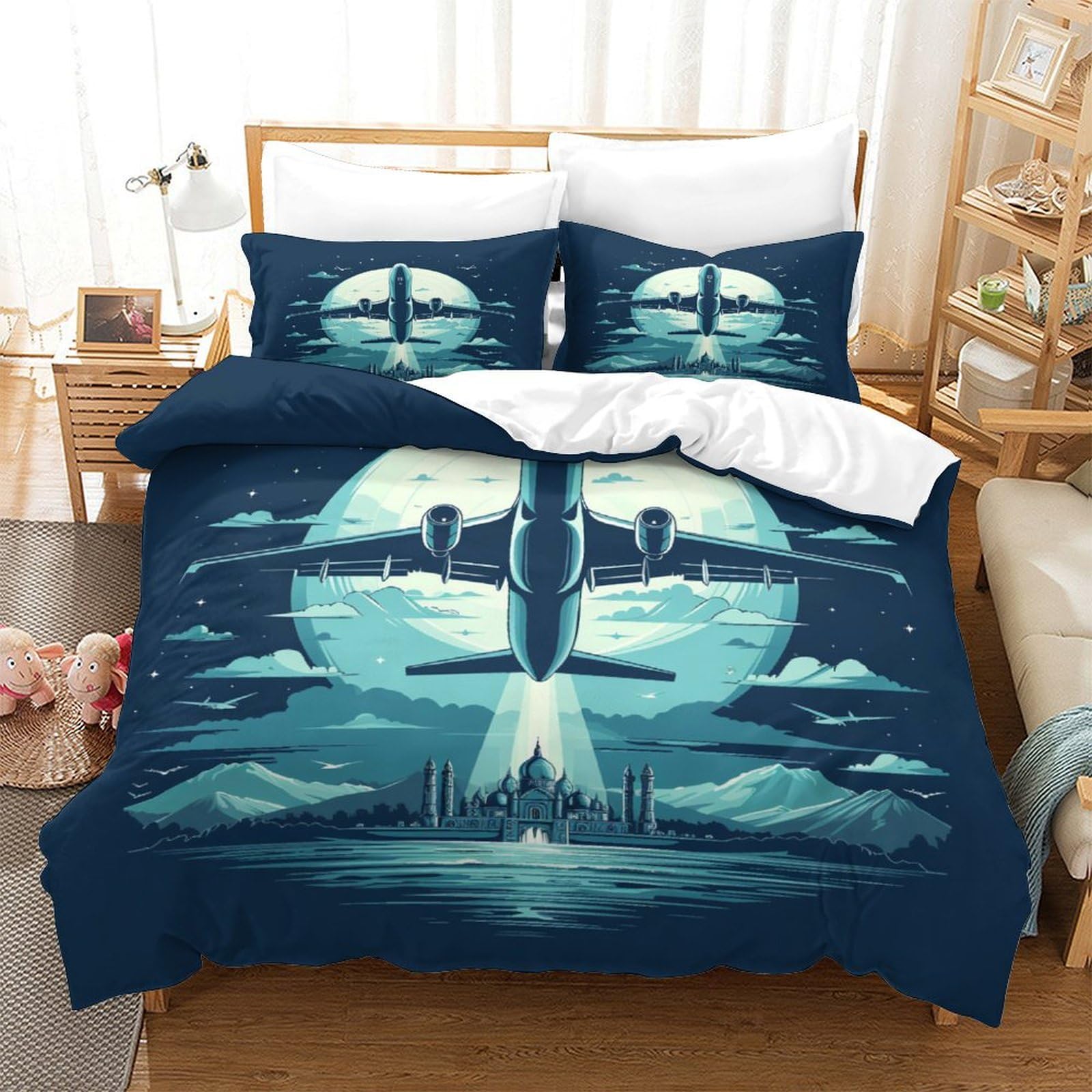 P1S9U7W5Y Aviation Style 3D Printed Airplane Duvet Cover Set 3pcs Microfiber Dream Flight Bedding Set Double（200x200cm）