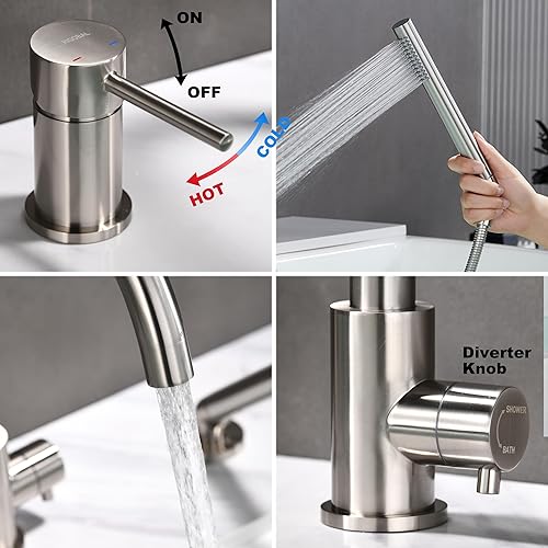 Miniatura 15 de Grifo de bañera de montaje en cubierta negro con rociador, grifos de bañera de alto flujo, grifo de baño de latón con mango montado en la ducha