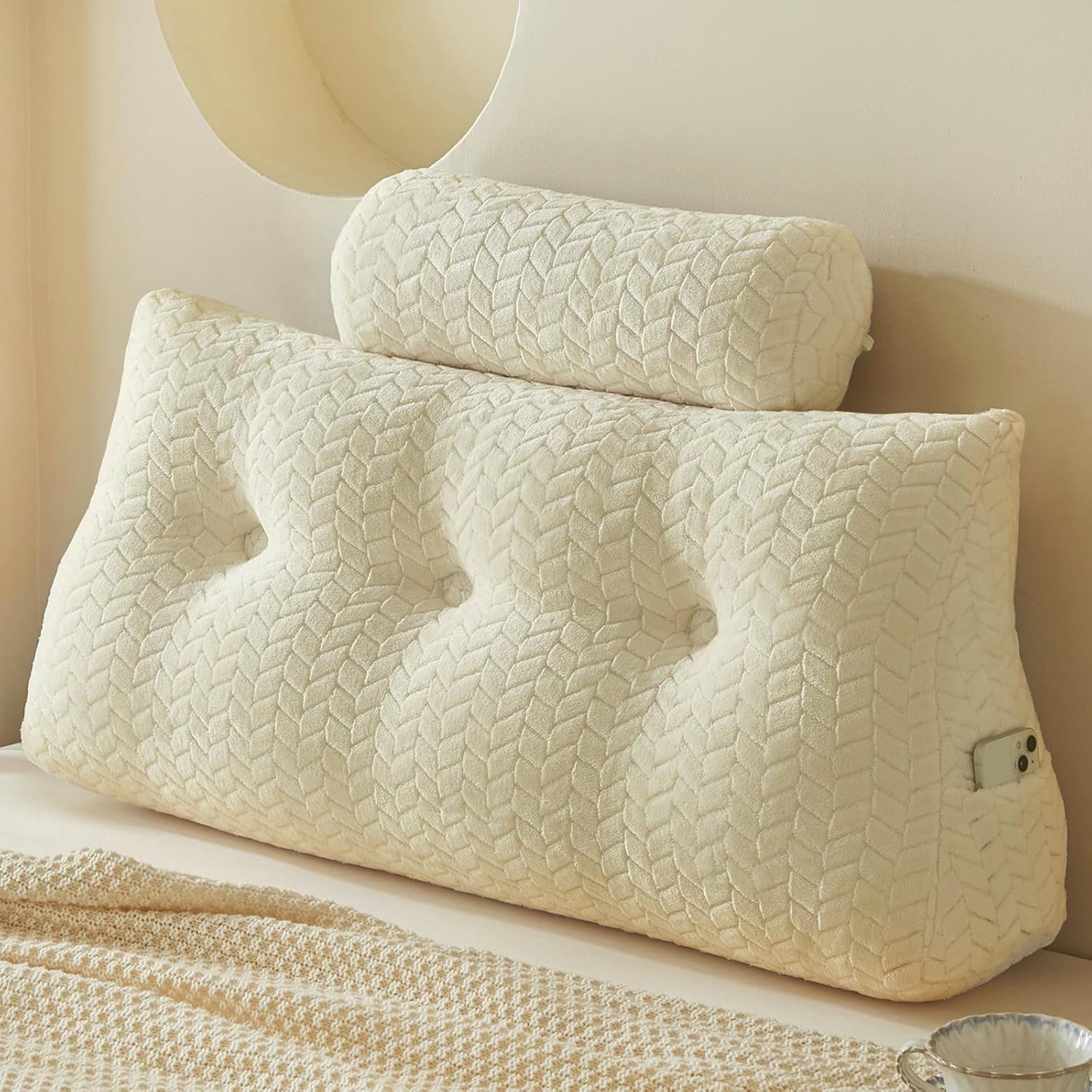 YOUR MOON Wedge Headboard Pillow Twin with 1 Pack Neck Roll Pillows, Triangular Wedge Backrest Pillow Headboard for Bed,Daybed,and Lounging, Large Bed Bolster Pillows,Off White Off White Twin