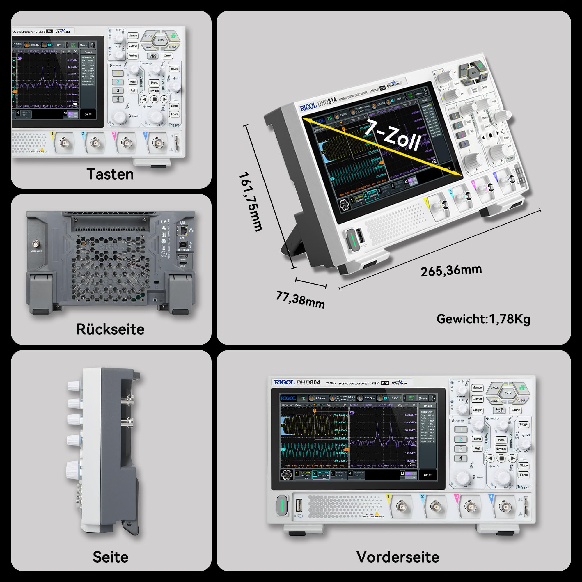 RIGOL Oszilloskop,DHO804 Tragbares Digitales Oscilloscope,70MHz Bandbreite,4 analoge Kanäle,12bit vertikale Auflösung,niedriges Grundrauschen,Unterstützung für mobile Netzteile