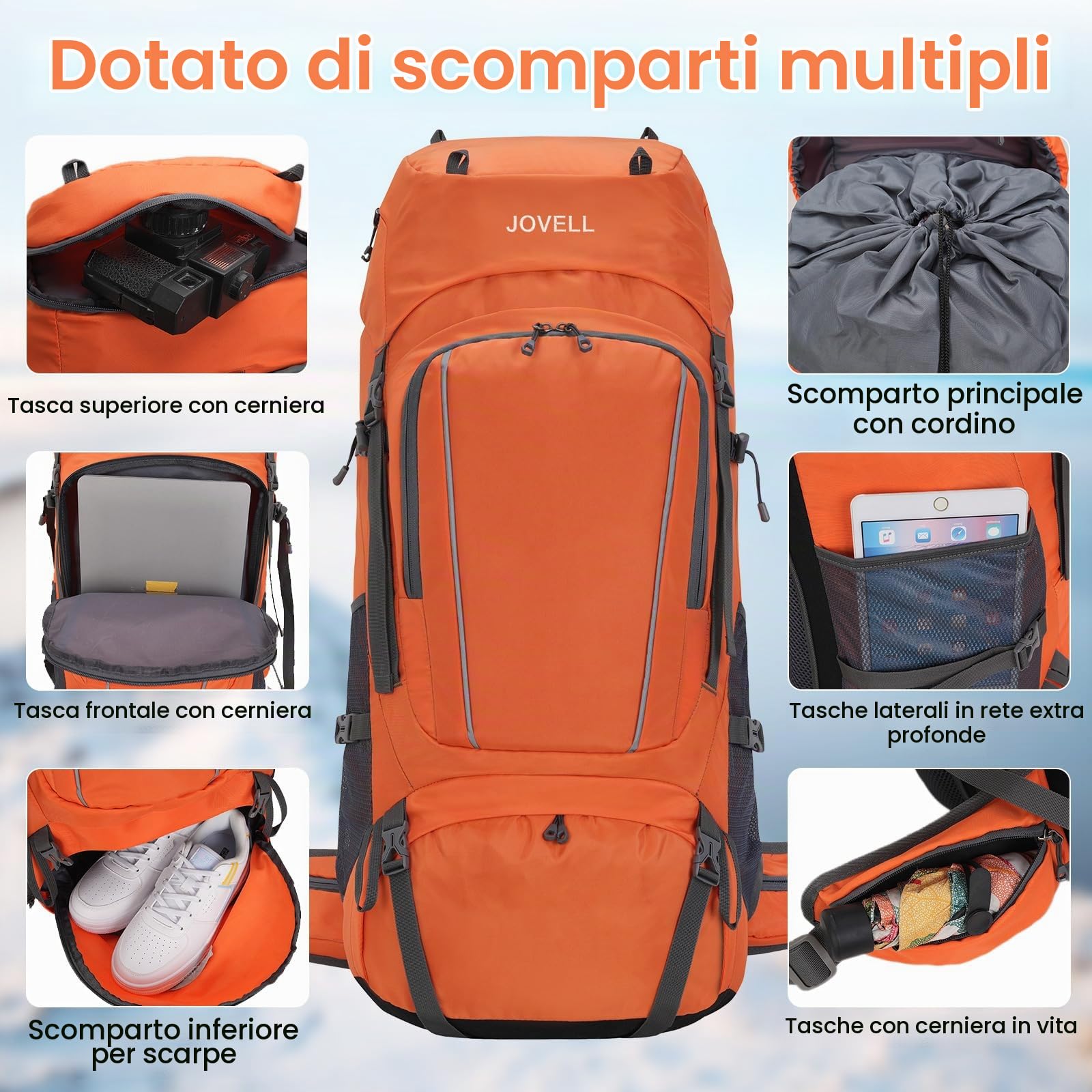 70L Zaino da Escursionismo con Copripioggia, Pacchetto da Viaggio e Campeggio per Sport all'Aria Aperta, Arrampicata, Touring ed Escursionismo, Bagaglio da Zaino per Uomini e Donne (Arancione)