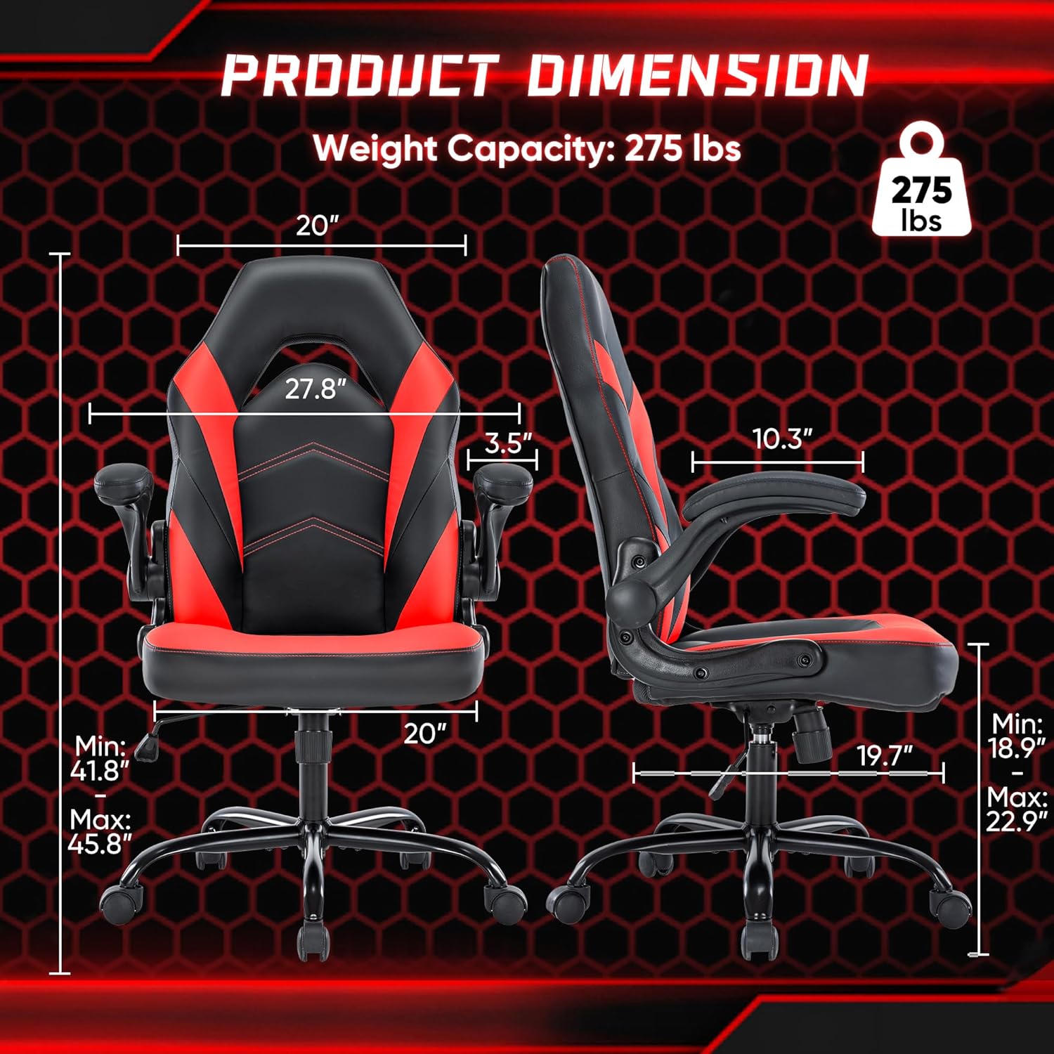 DUMOS Computer Gaming Home Office Chair - Ergonomic Big and Tall Desk with PU Leather Lumbar Support, Height Adjustable High Back Video Game with Flip-up Armrest, Swivel Wheels for Adults and Teens