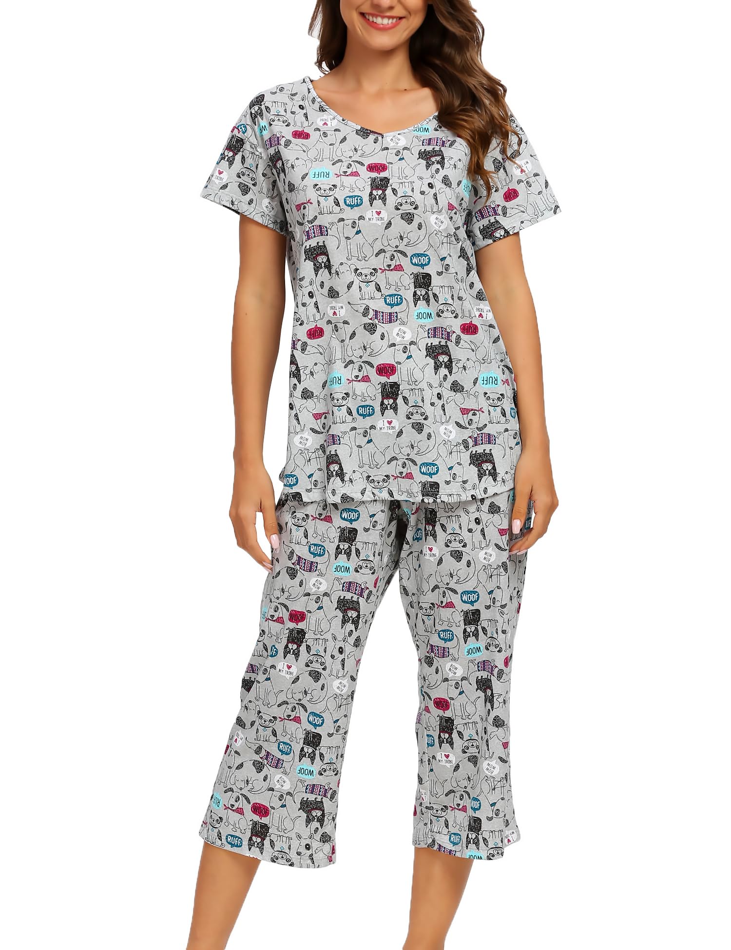 ENJOYNIGHT Ensemble pyjama court pour femme, en coton, haut à manches courtes et pantalon 3/4, tenue d'intérieur, vêtements de nuit, pour l'été