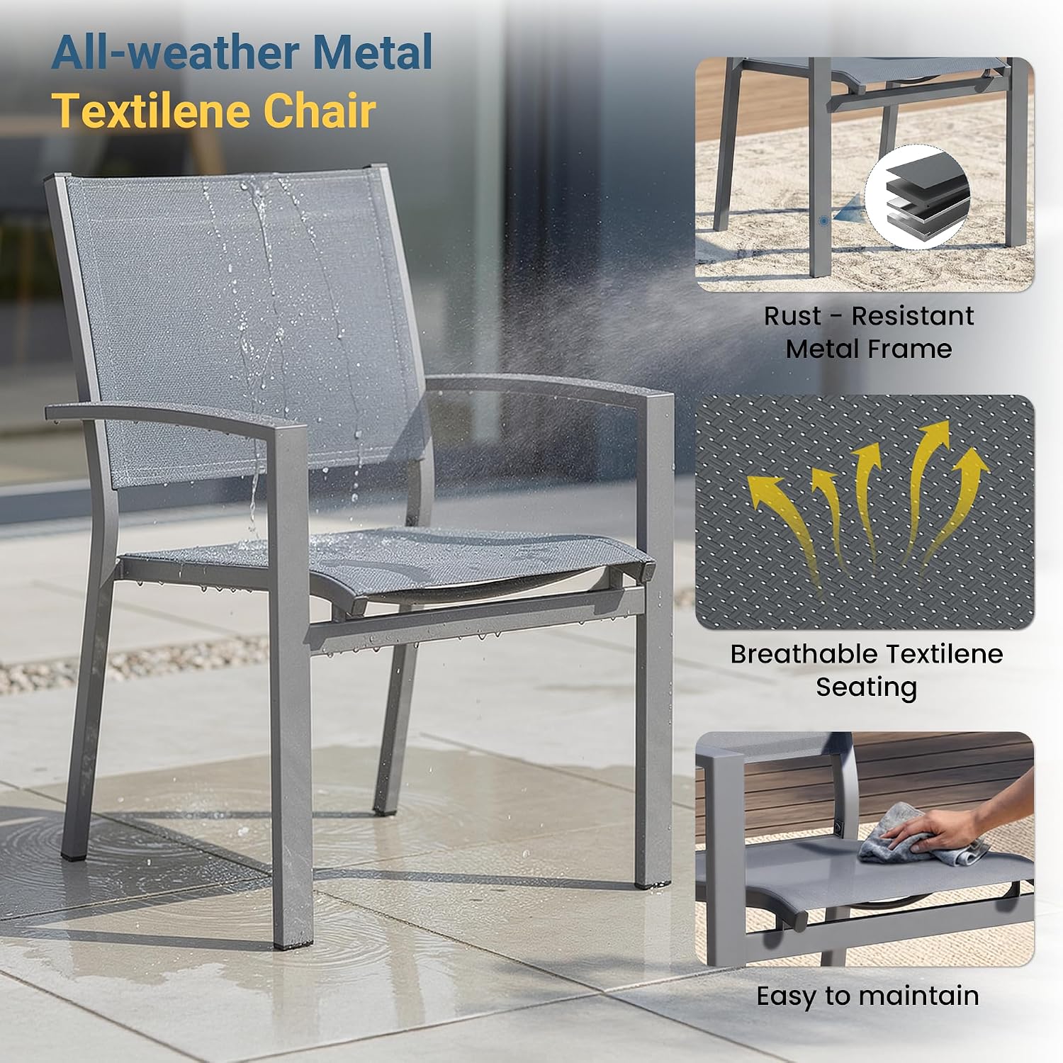 Wisteria Lane Patio Table and Chairs for 4, Outdoor Patio Dining Furniture Set with Aluminum Table and Metal Textilene Chairs, All-Weather Patio Table Set with HDPS Round Tabletop for Garden Porch