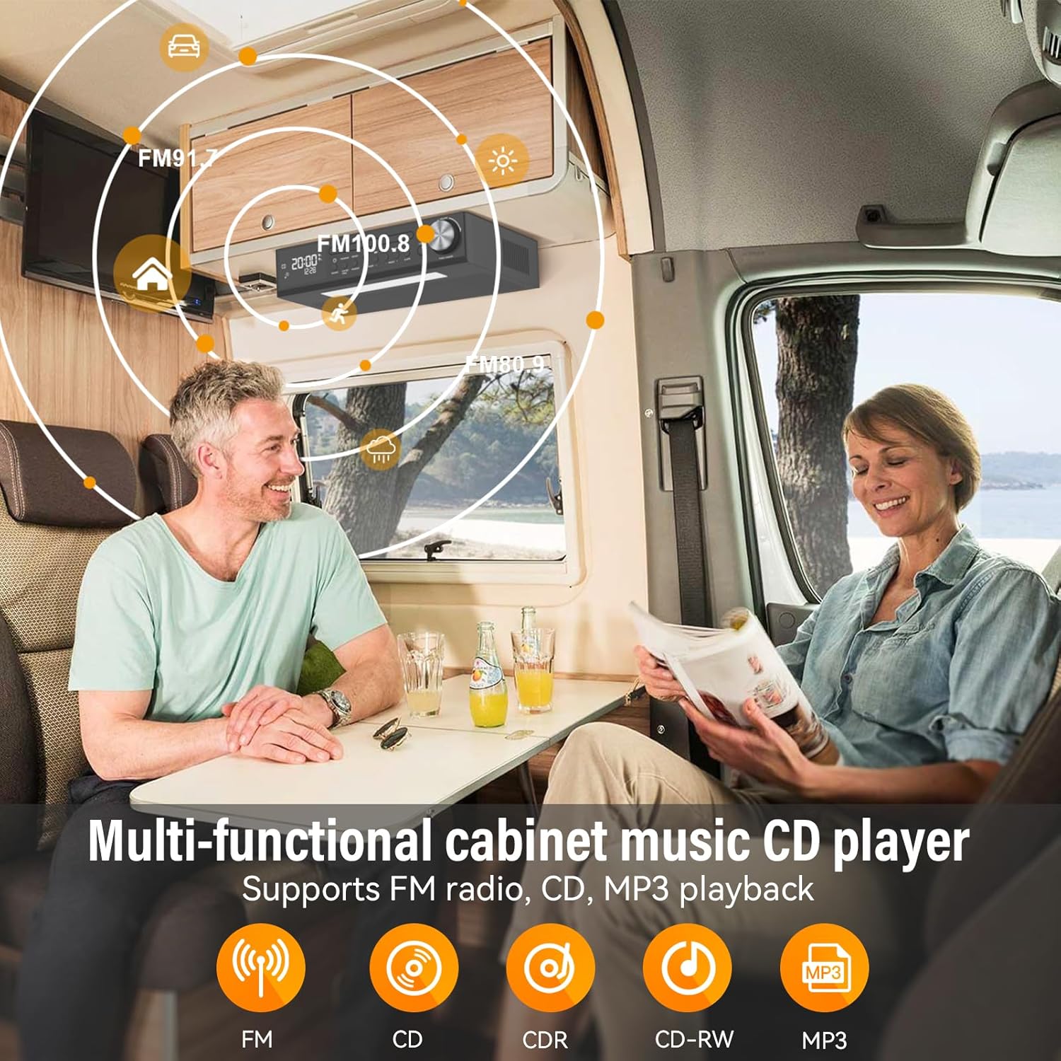 Couple in RV with CD player showing FM radio functionality