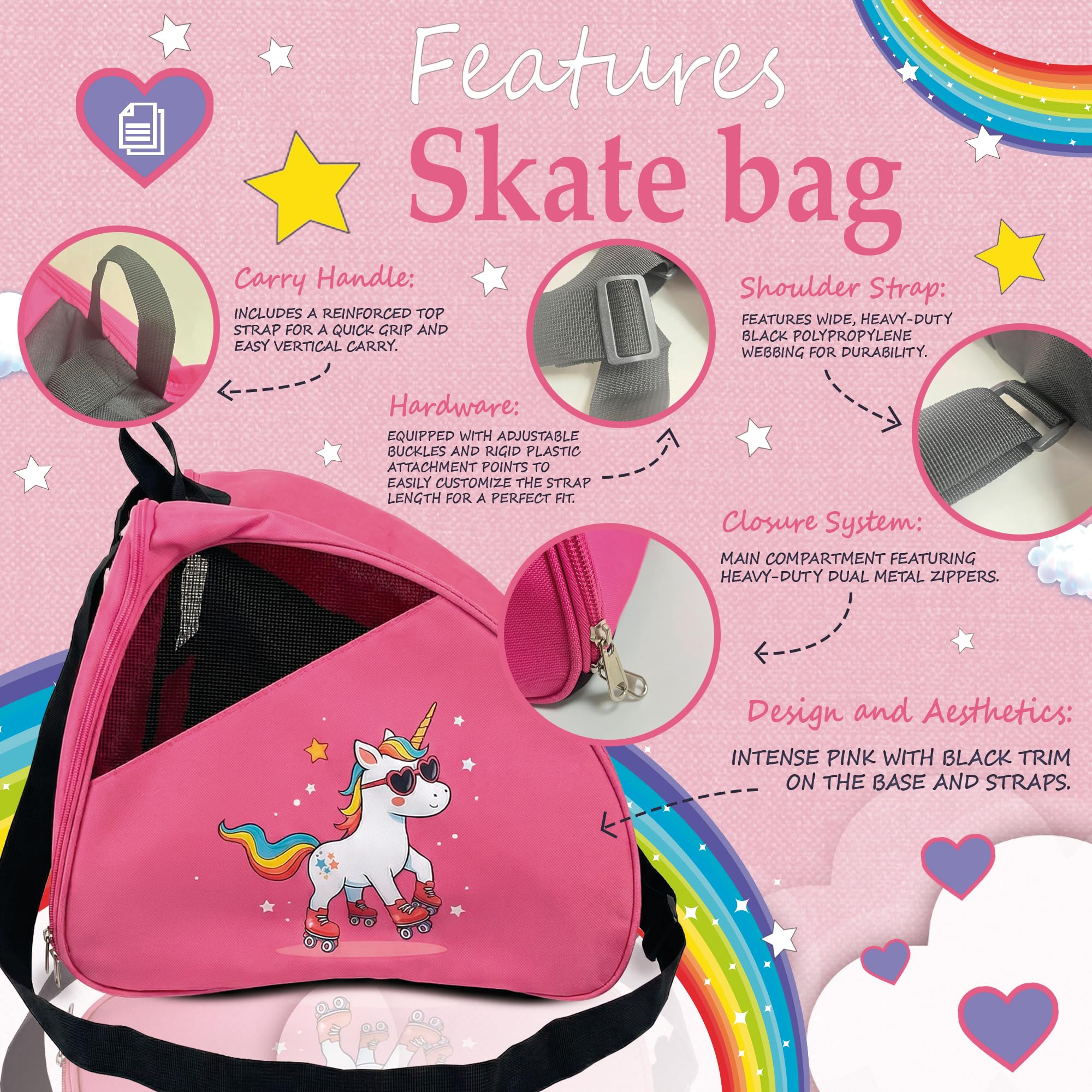 DOJA Barcelona Borsa per Pattini a Rotelle per Bambini - Rosa con Stampa Unicorno - Regolabile e Imbottita, Borsa Pattini in Linea, Protezioni in Tessuto Robusto, Borsone Pattinaggio Artistico