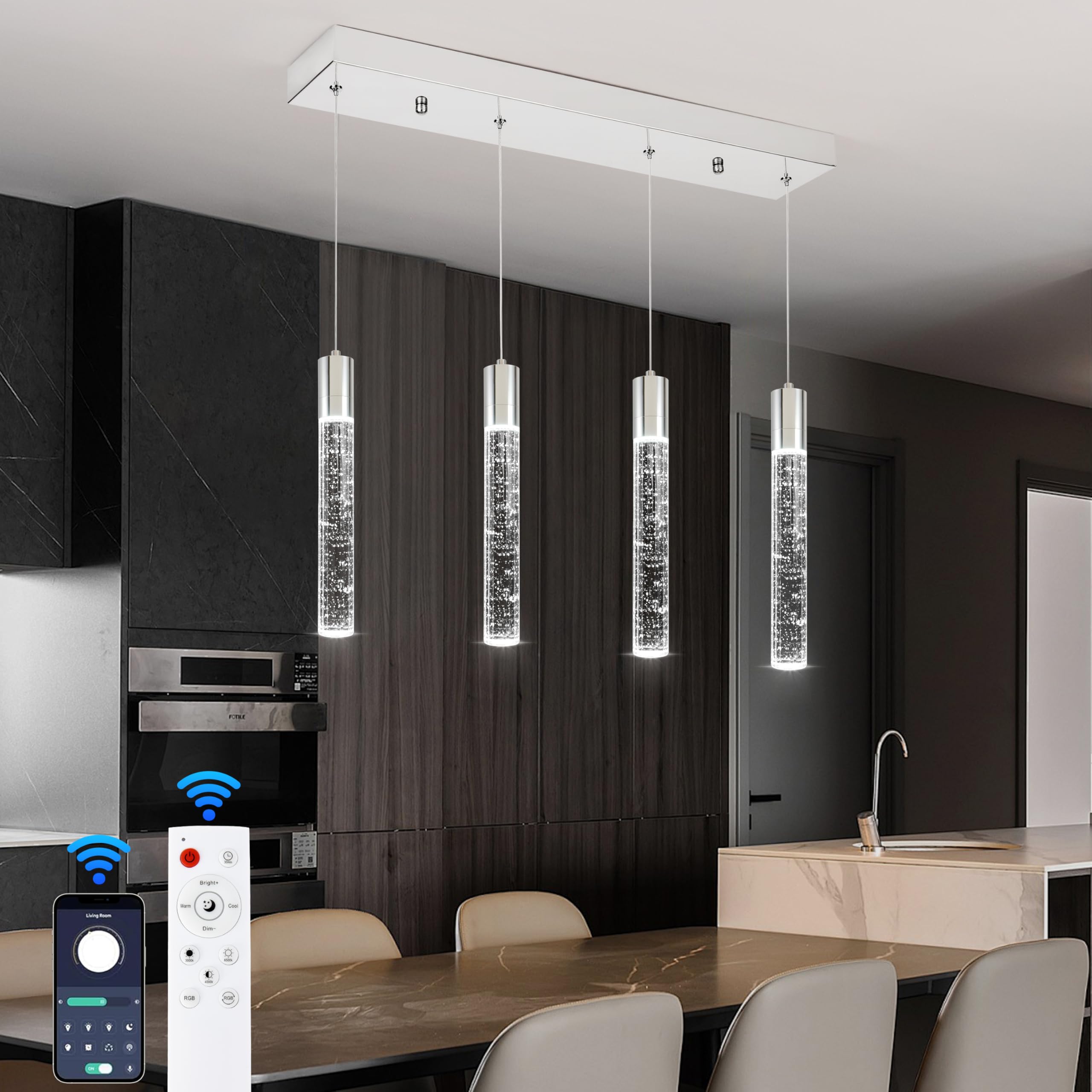 4 Light Pendant Lights Kitchen Island,Modern Chrome Crystal Pendants