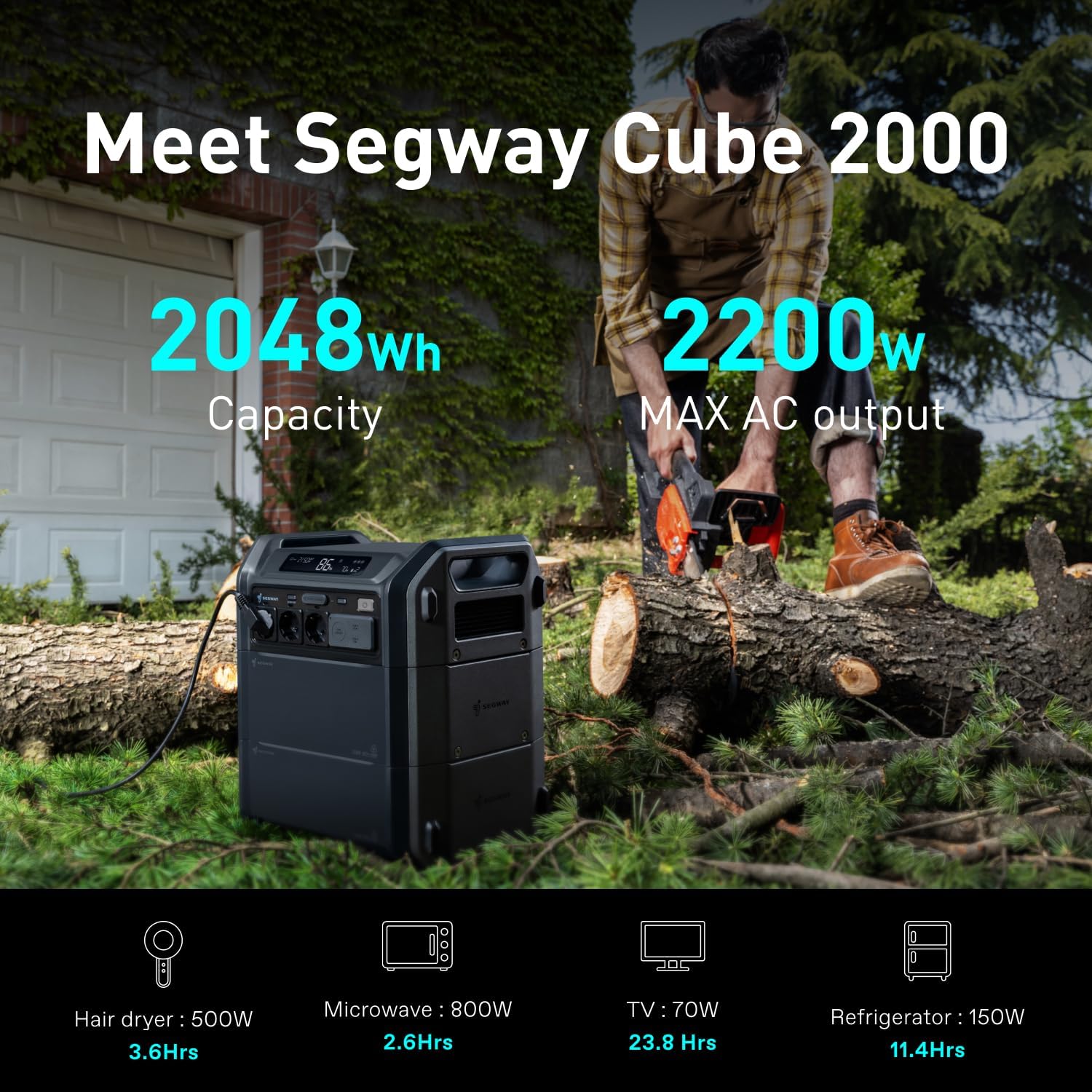 Segway Cube 2000 powering a chainsaw and other appliances
