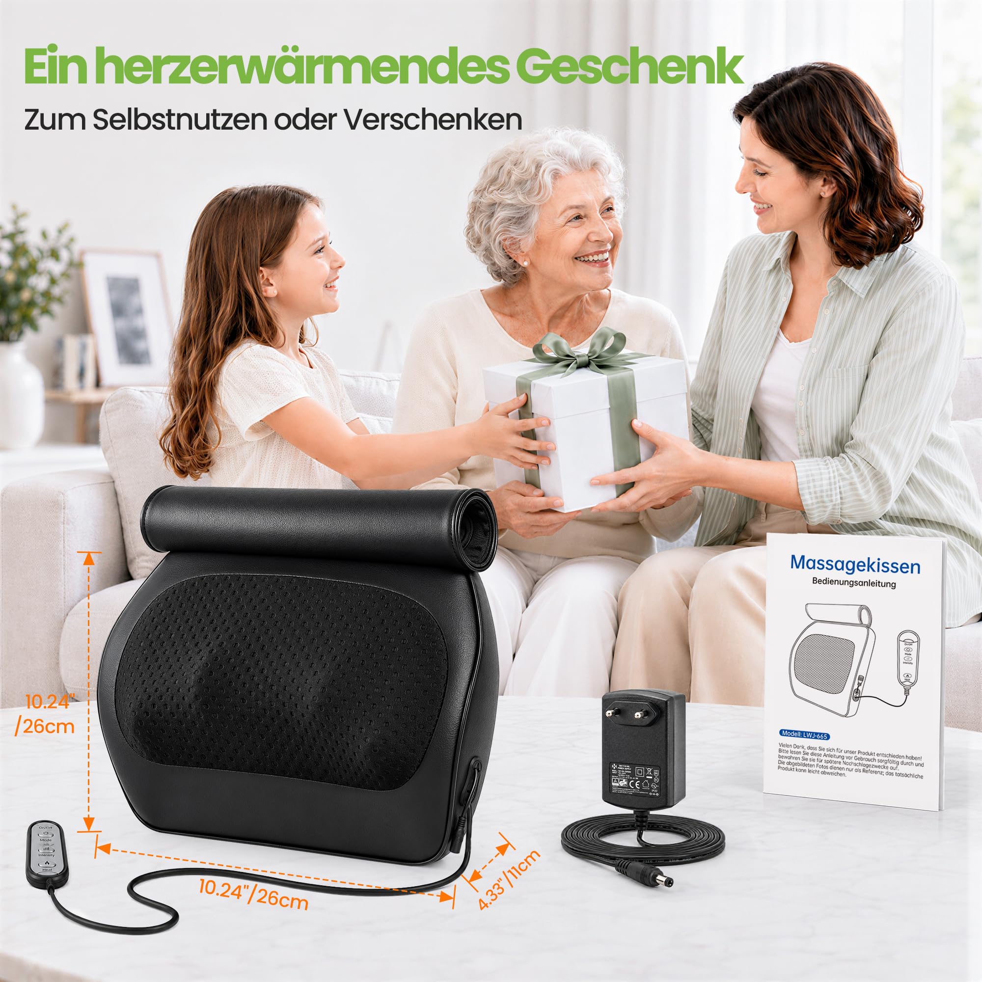 Real Relax Shiatsu Rückenmassagegerät mit Wärme,Nackenmassagekissen für Schultern,oberen & unteren Rücken,Beine,Waden,4 Rotationsknoten,Tragbar für Zuhause Büro Auto - Schwarz