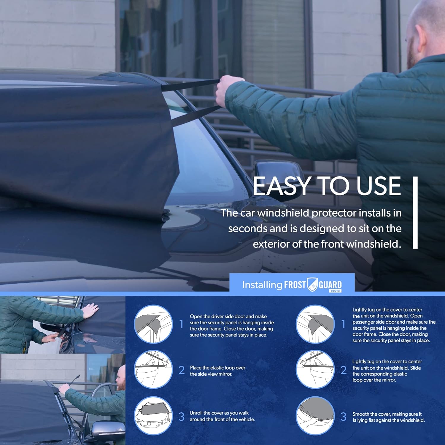 Frostguard Glove | Car Windshield Cover for Ice and Snow - Standard Size, Fits Sedans and Compact Cars - Features Elastic Loops, Security Panels + Storage Pouch - Black, Measures 59 x 41 Inches