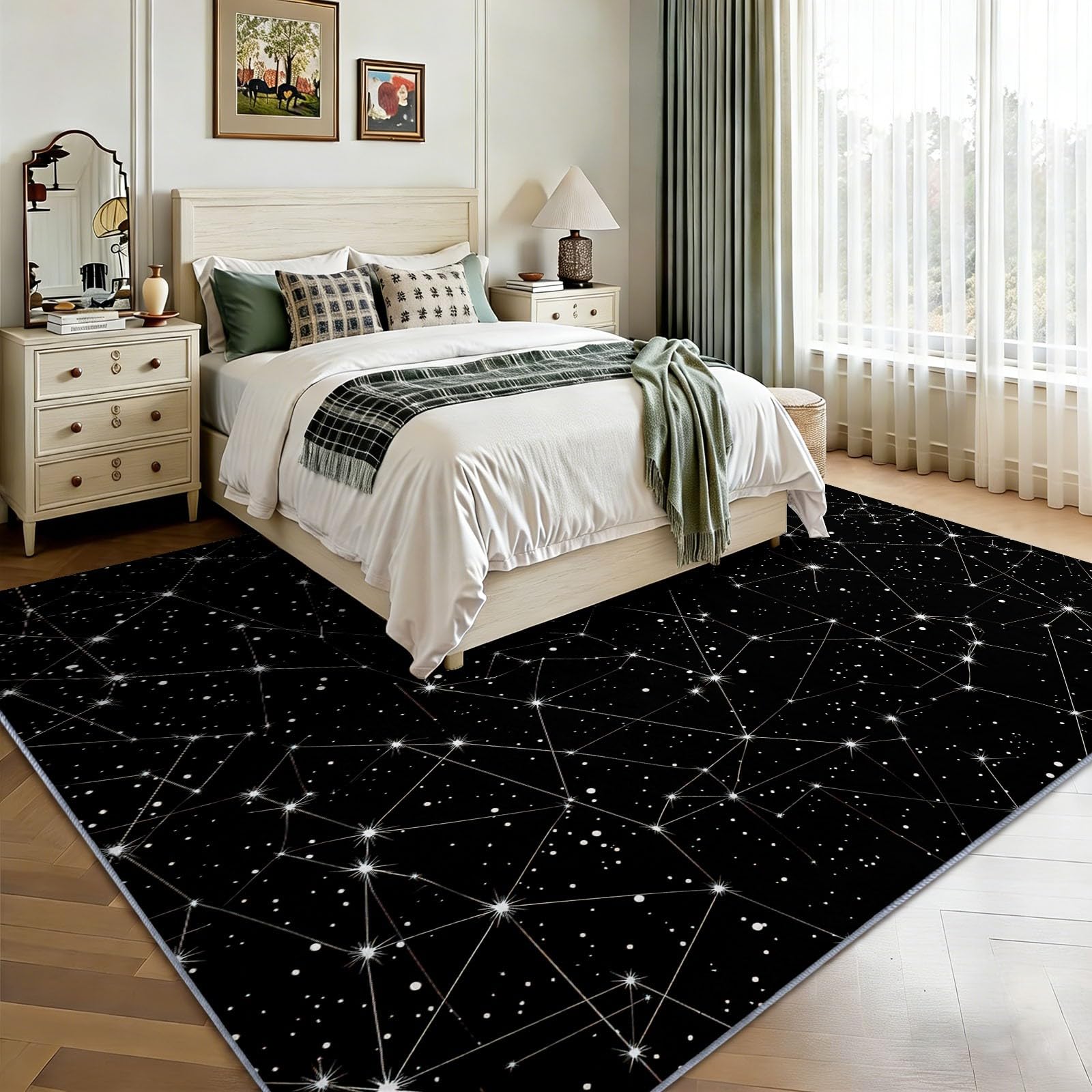 Traumhafter Nachthimmel Teppich Waschbar Weiße Linien Sterne Teppich 120 x 170 cm, Weiche Niedriger Teppiche rutschfest Waschbar Pflegeleicht Teppiche Für Wohnzimmer Schlafzimmer Küche