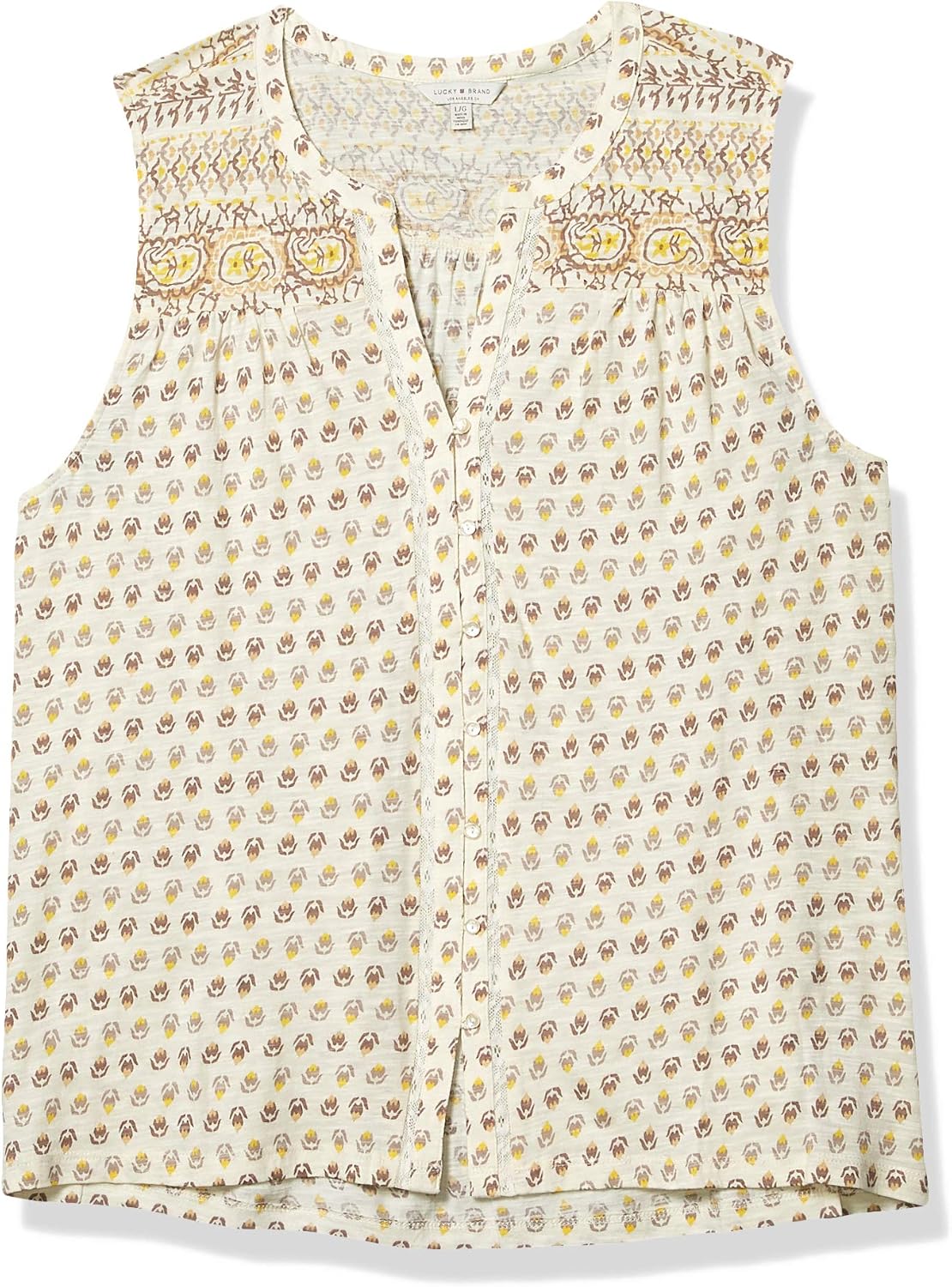 Lucky Brand womens Sleeveless V Neck Button Up Border Print Top Shirt,  Yellow Multi, Medium US at Amazon Women's Clothing store