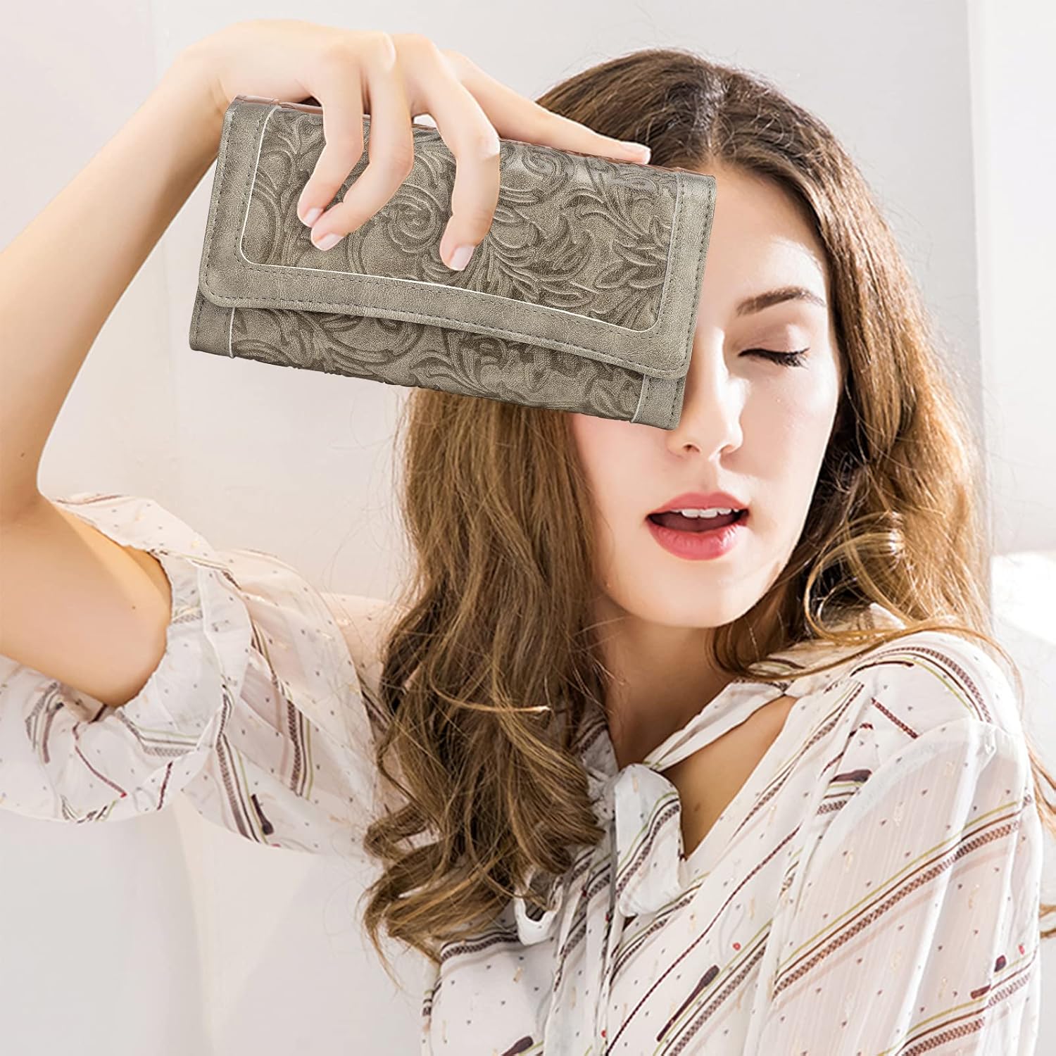 MEITRUE Women's Wallet Leather RFID Blocking Trifold Ladies Purse Embossed long Clutch Card Holder Phone Checkbook Organizer - Image 2