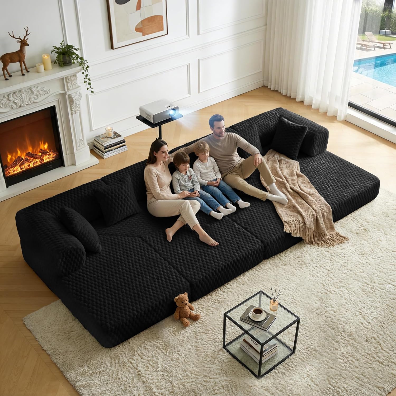109" L Shaped Modular Sectional Sofa, Convertible Sleeper Sofa Bed,Velvet Foldable Sofa Couch with Fixed-Shape Frame,Floor Mattress Boneless Couches for Living Room-No Assembly (Black) | High-Density Sponge