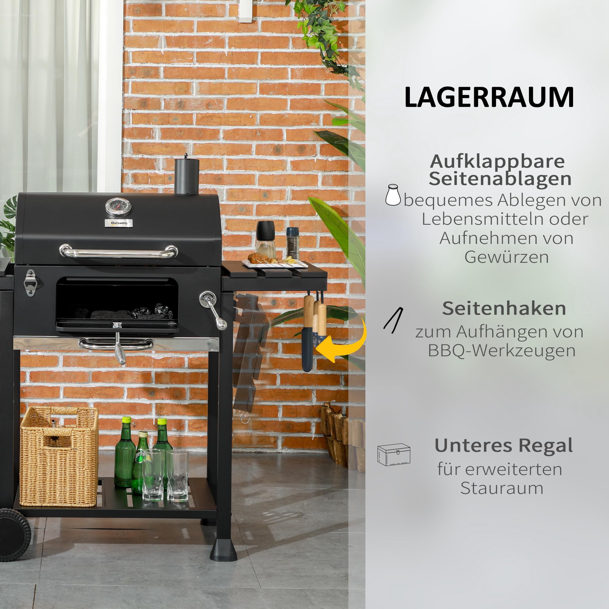 Outsunny Grill na węgiel drzewny, grill kempingowy z dwoma rusztami do grillowania, składana półka boczna, wózek z regałem, uchwyt do BBQ, stal nierdzewna, czarny, 120 x 64 x 114 cm