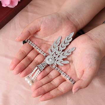 JJUNW 1920s Flapper Headband, Silver Tassel Leaf Rhiestones Headpiece Bride