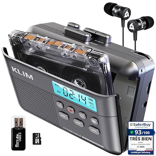 KLIM K7 Cassette Tape Player - Cassette to MP3 Converter - Portable - Built-in Microphone & Speaker - Rechargeable Battery - Earphones - 16GB SD Card - Ash