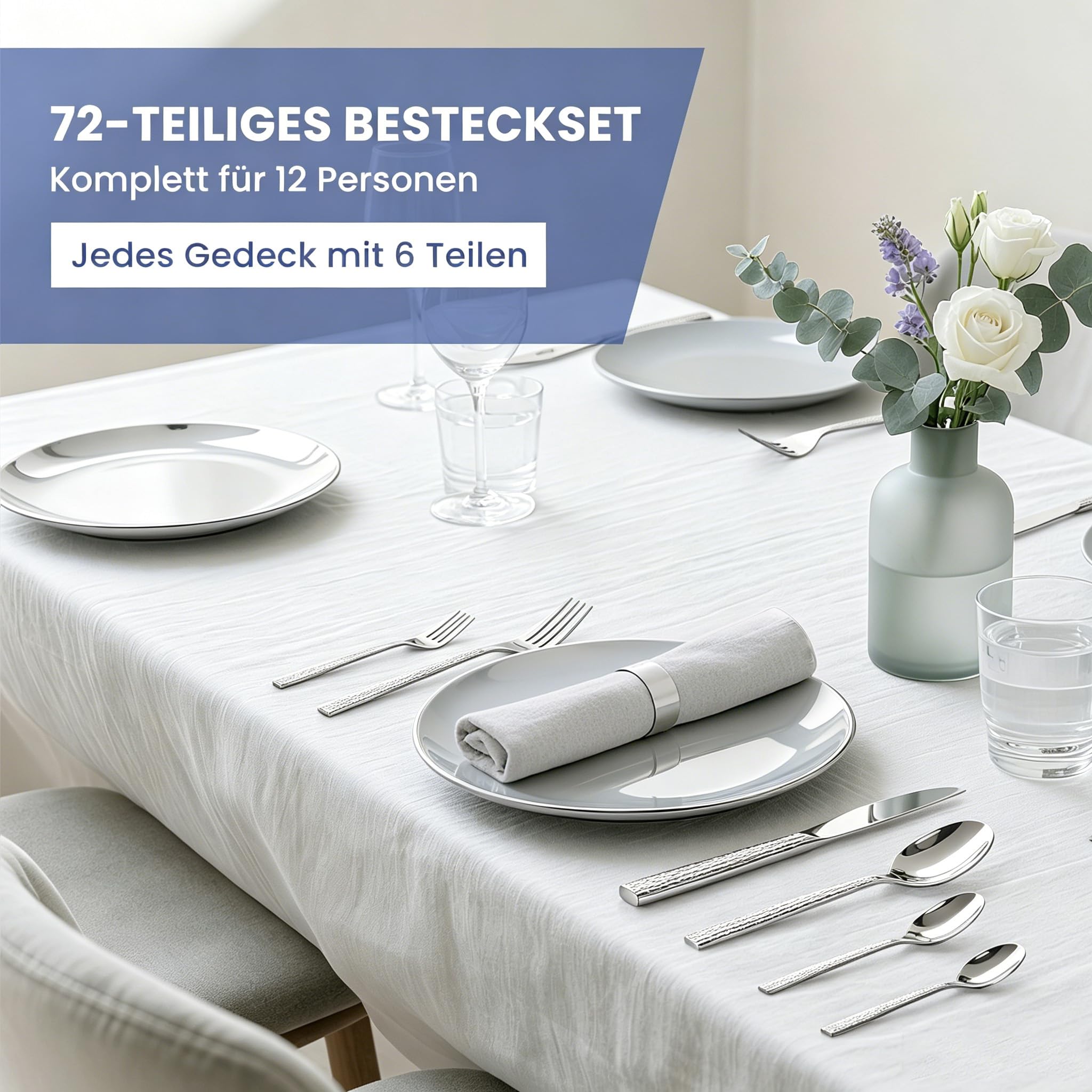 Besteck Set 12 Personen,72-tlg Edelstahl Besteckset,Spiegelpoliert HL-G2202 | Cutlery Set mit Messer Gabel Löffel,Spülmaschinenfest, Mit Besteckkassette, 6-tlg Essbesteck pro Person