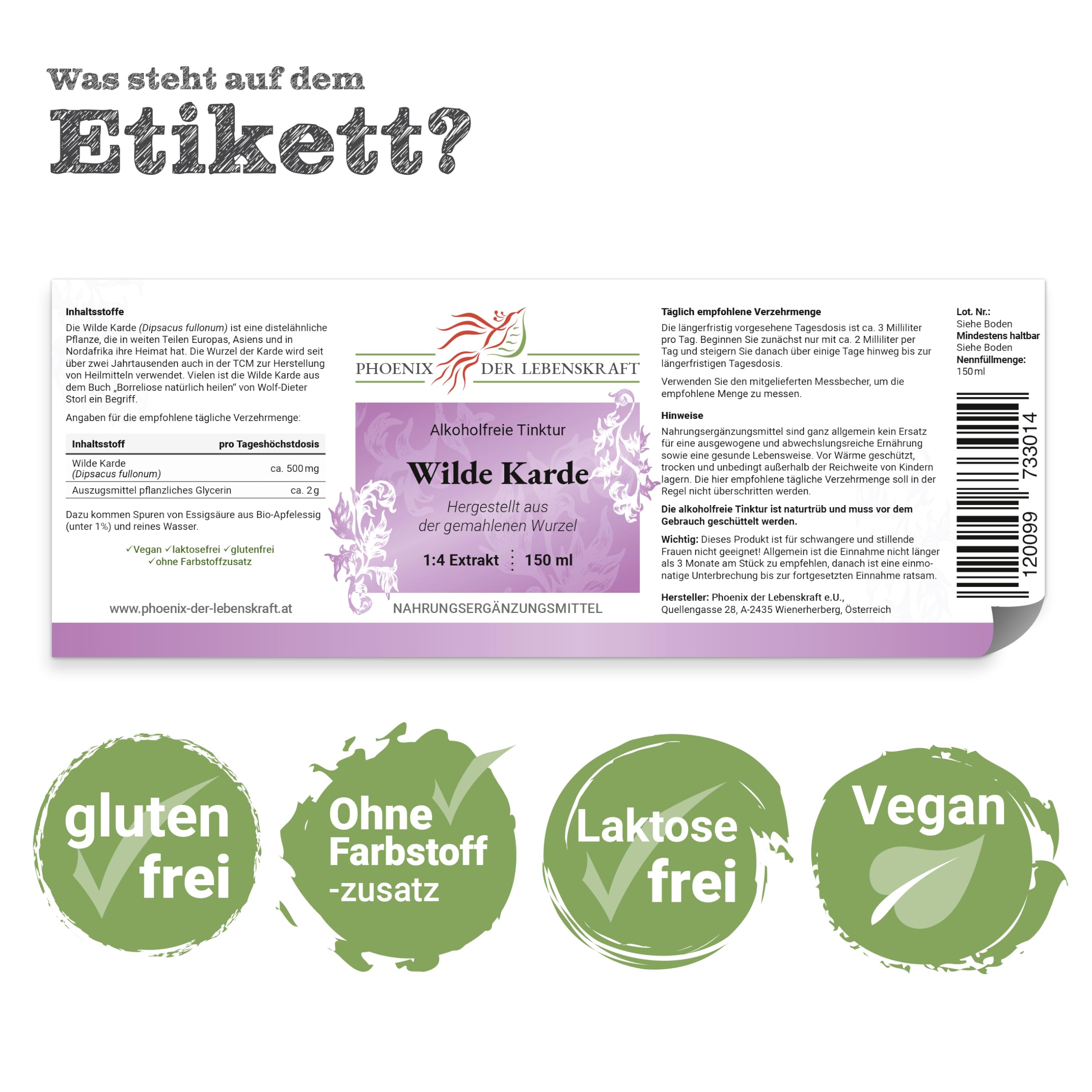Wilde Karde Tinktur (alkoholfrei) - 150ml, Dipsacus fullonum Tropfen, 1:4 Extrakt, Top Premium Qualität, Hergestellt in Österreich, Vegan