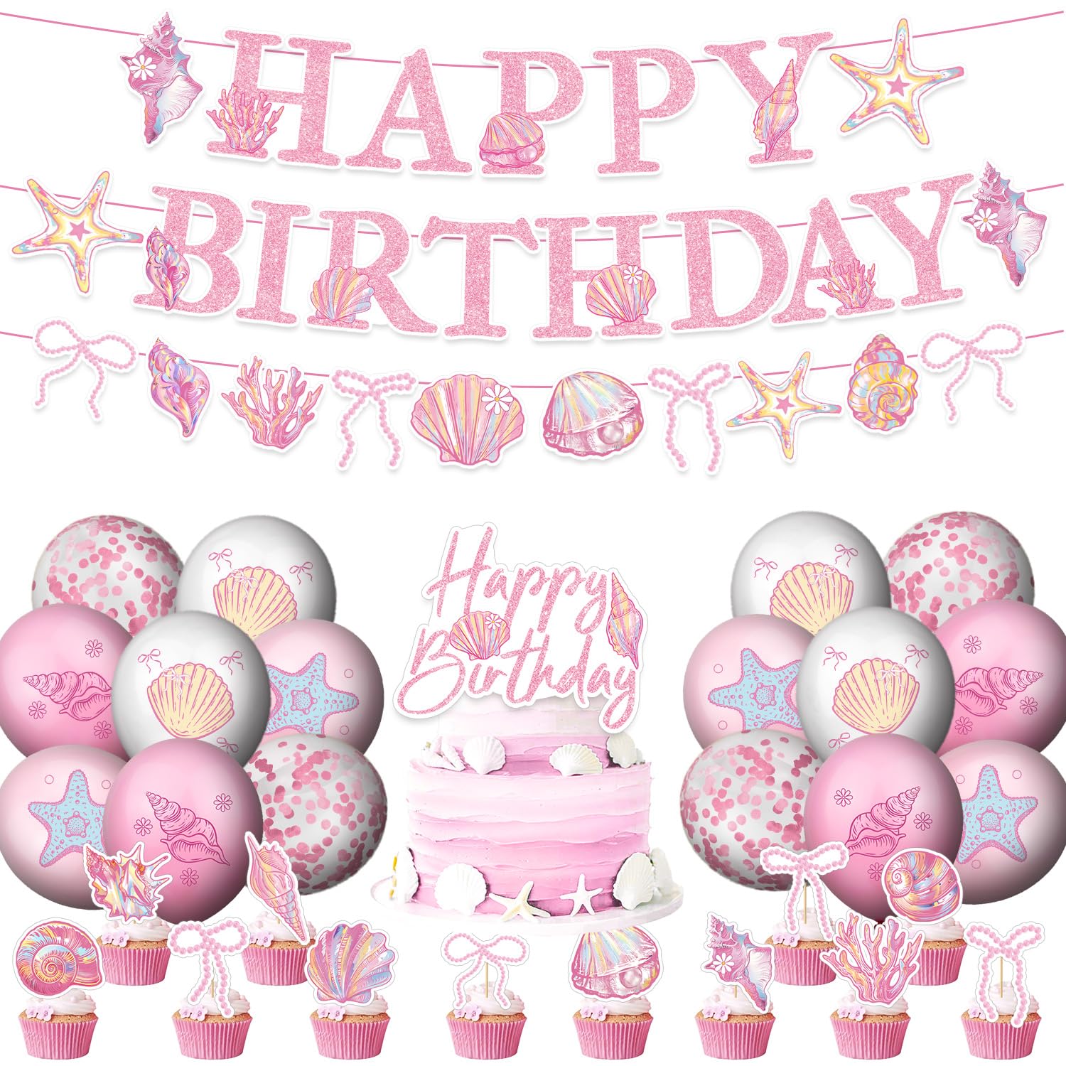 Photo 1 of Pink Seashell Birthday Party Decorations Include Balloons-Pink Shell Cake Topper-Cupcake Toppers-Seashell Banner-Backdrop for The Summer I Turned Pretty Party Decor